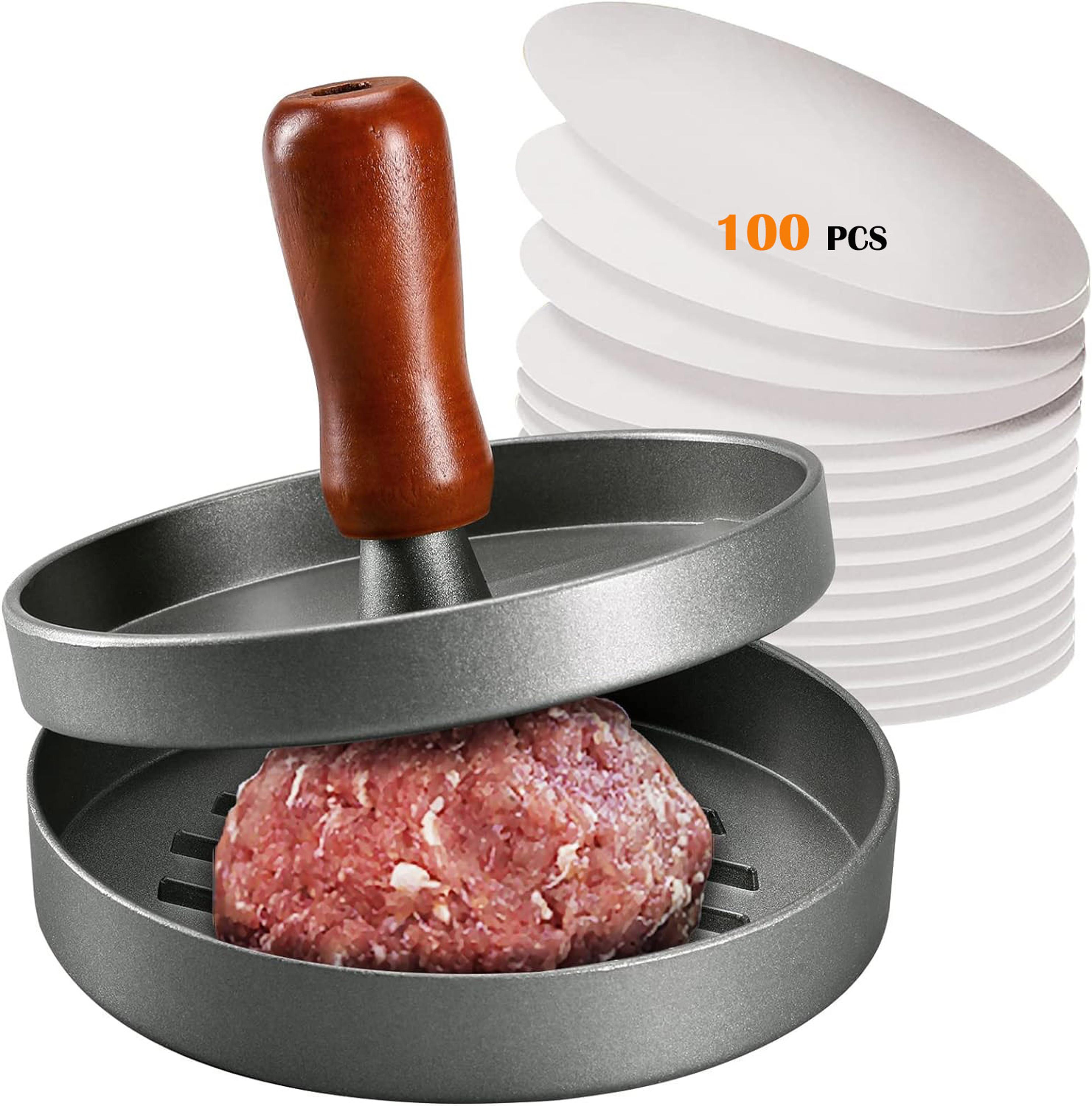 premium stainless steel burger press patty maker with wood handle & patty papers