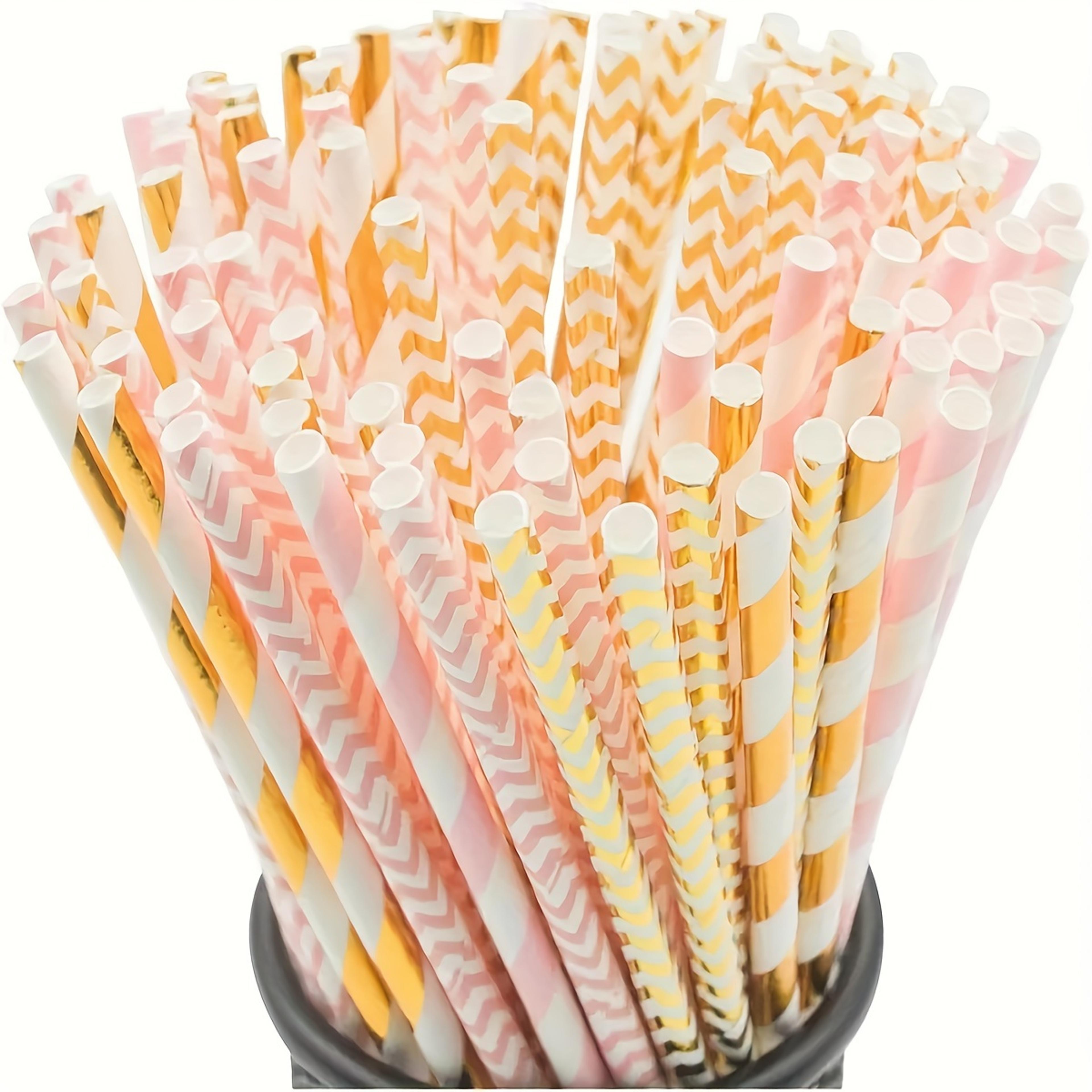 premium pink & gold striped biodegradable paper straws set