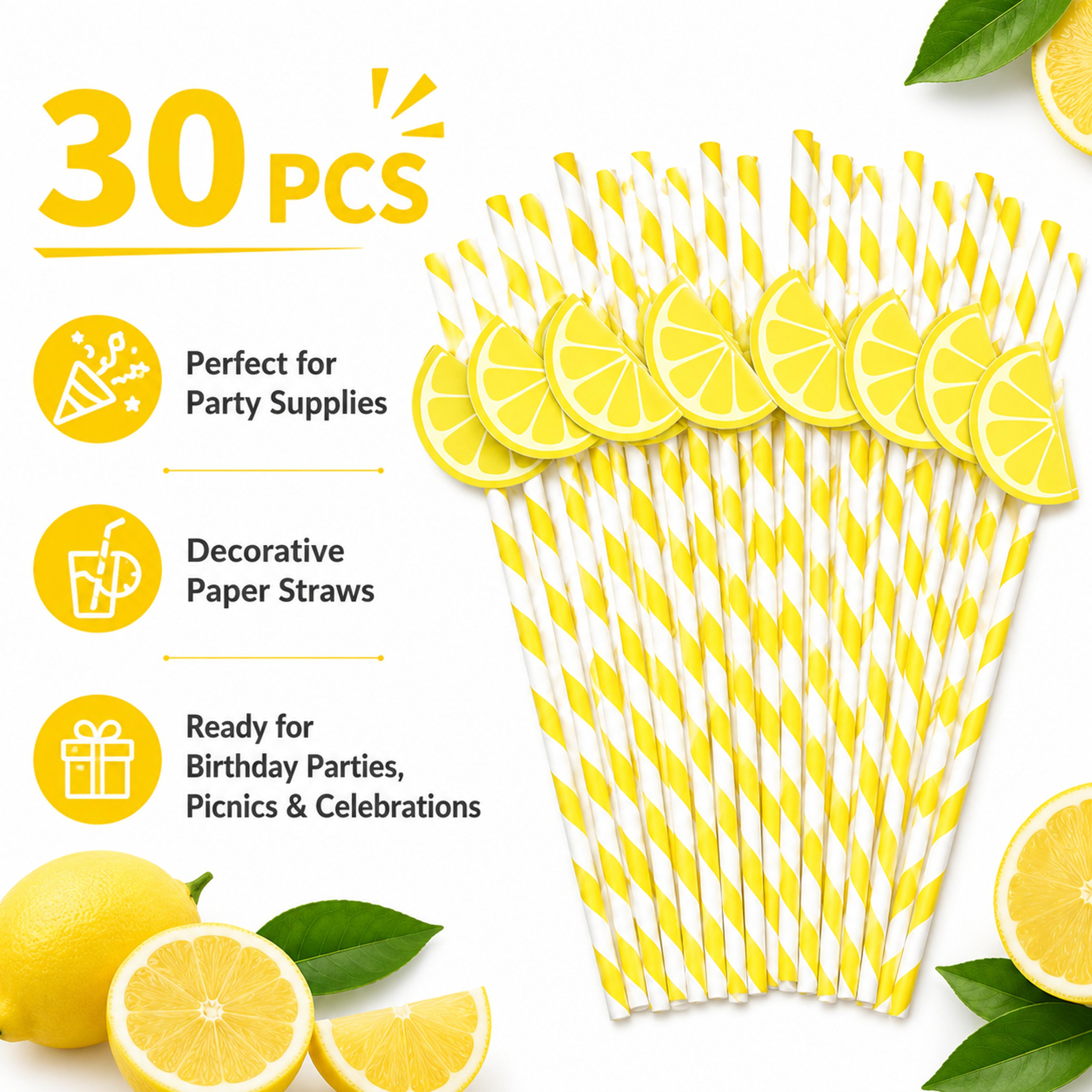 vibrant lemon party paper straws yellow striped drink decorations