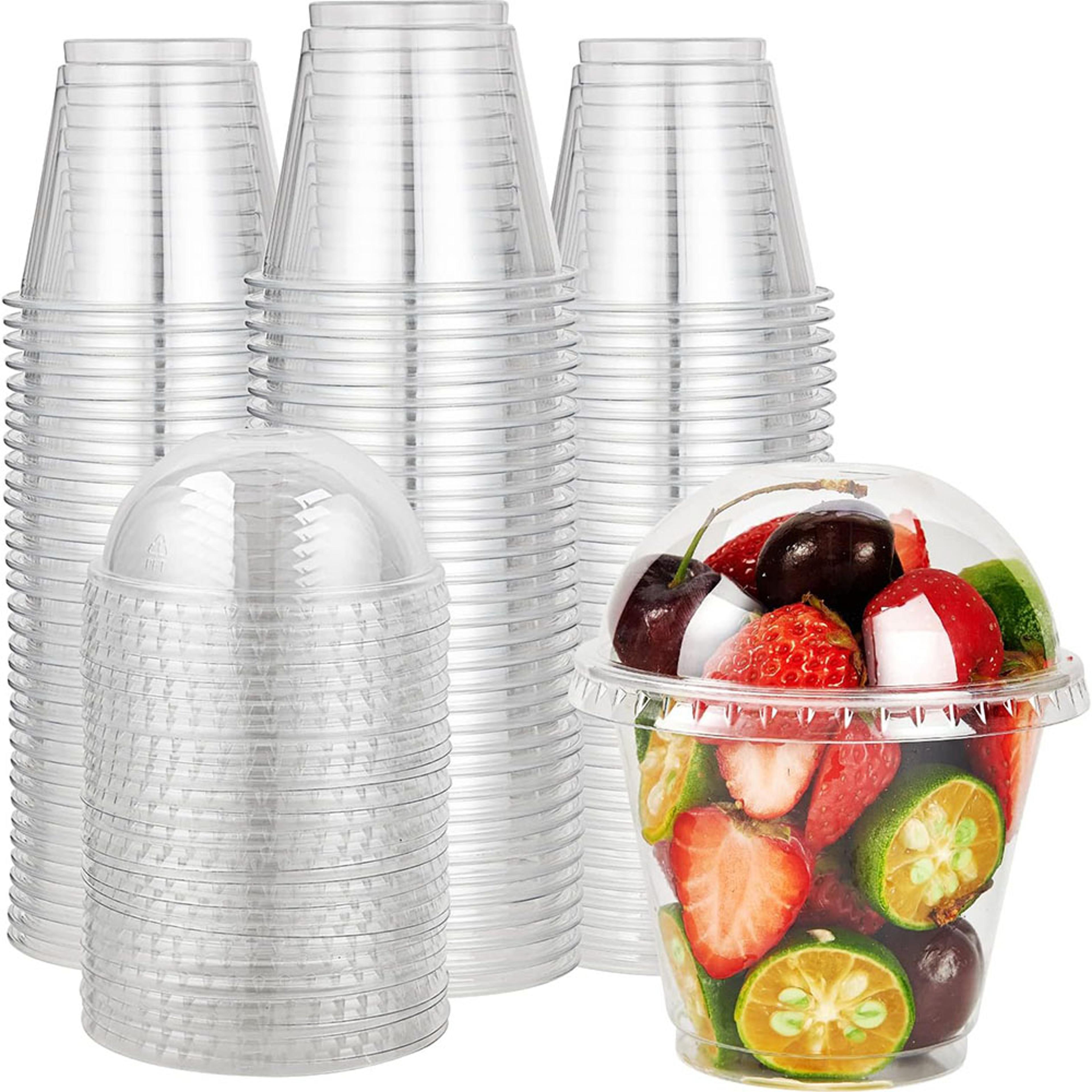 clear dessert cups with dome lids for parfaits, cupcakes and cold drinks