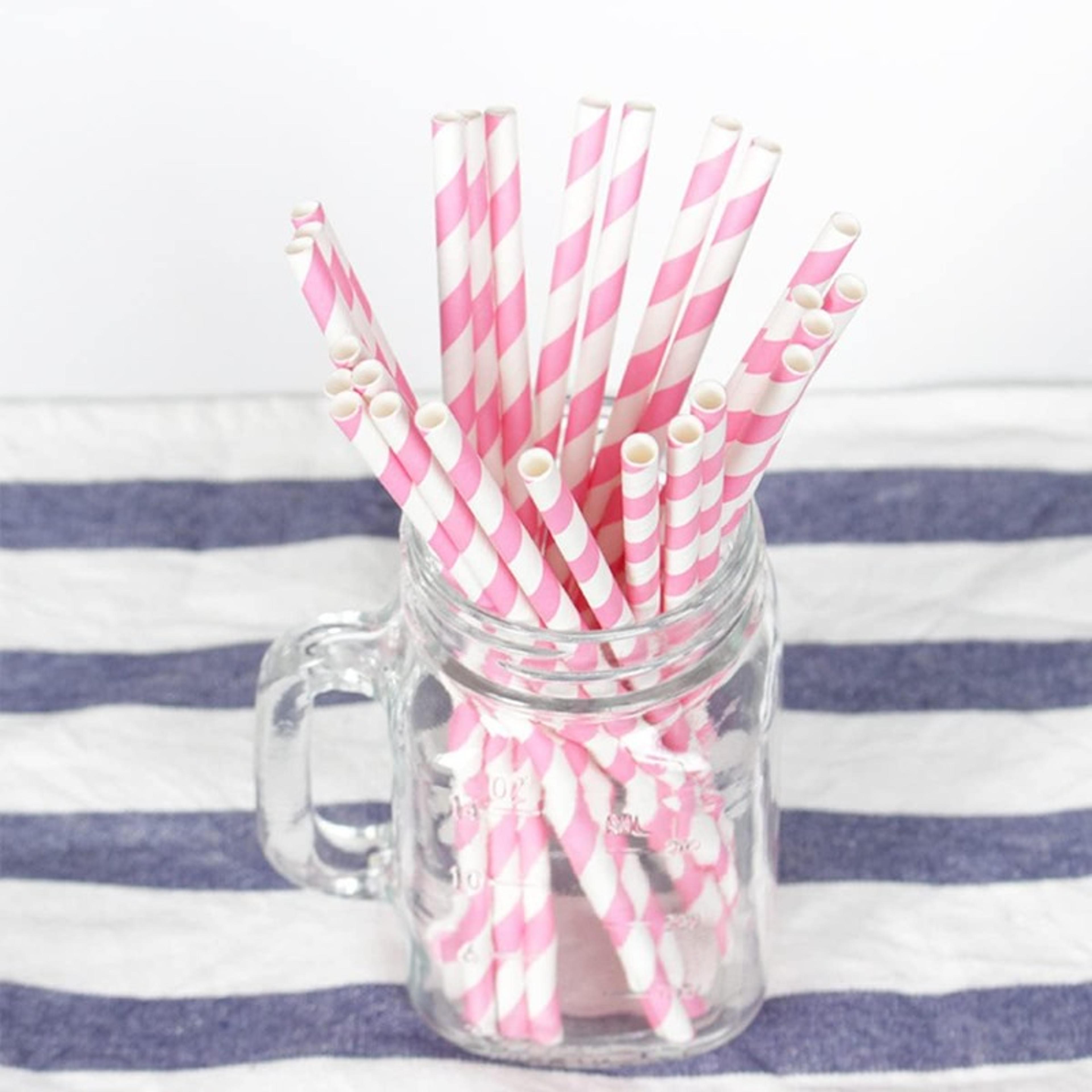 pink striped paper straws pack biodegradable disposable drinking straws