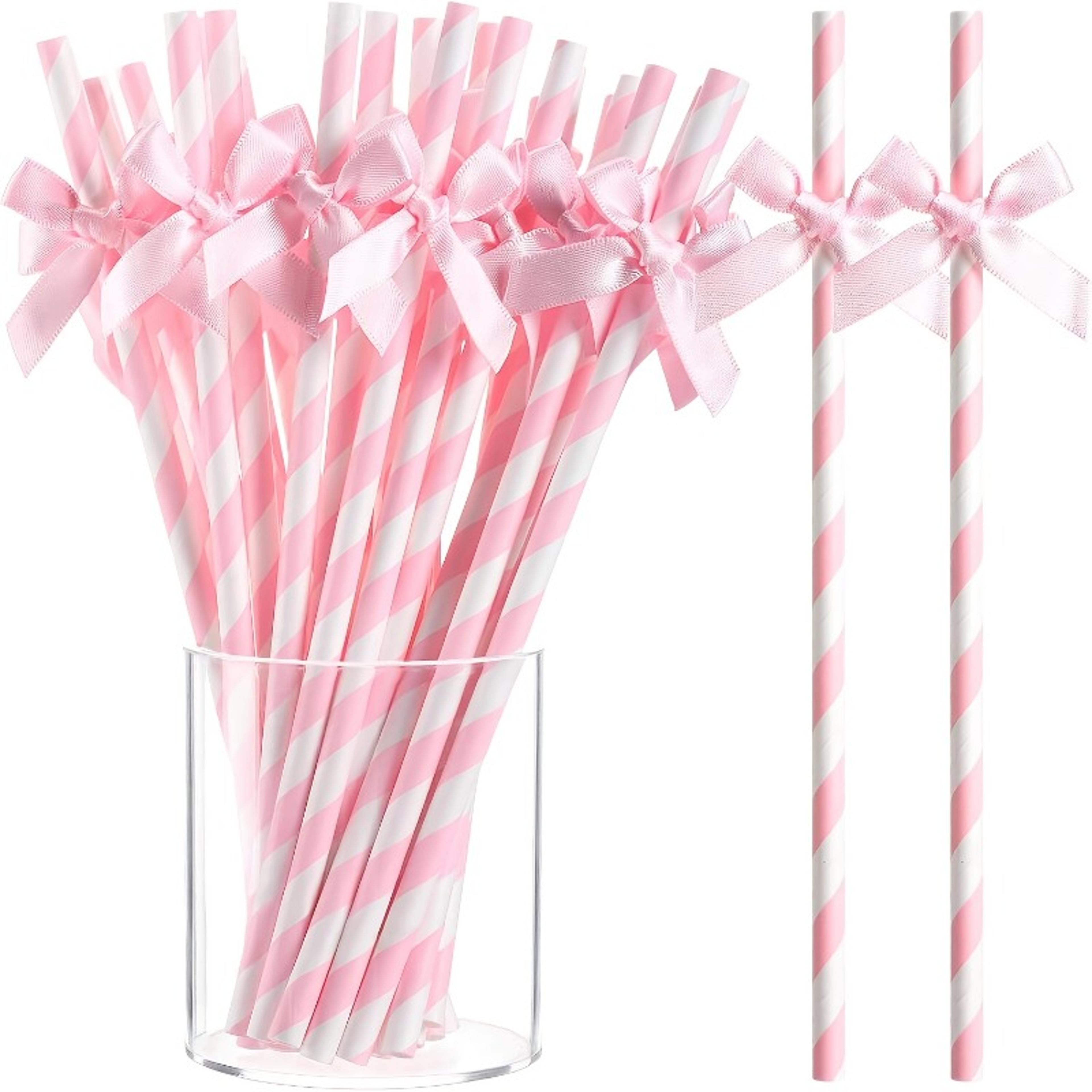 pink striped bow paper straws for weddings and bridal showers