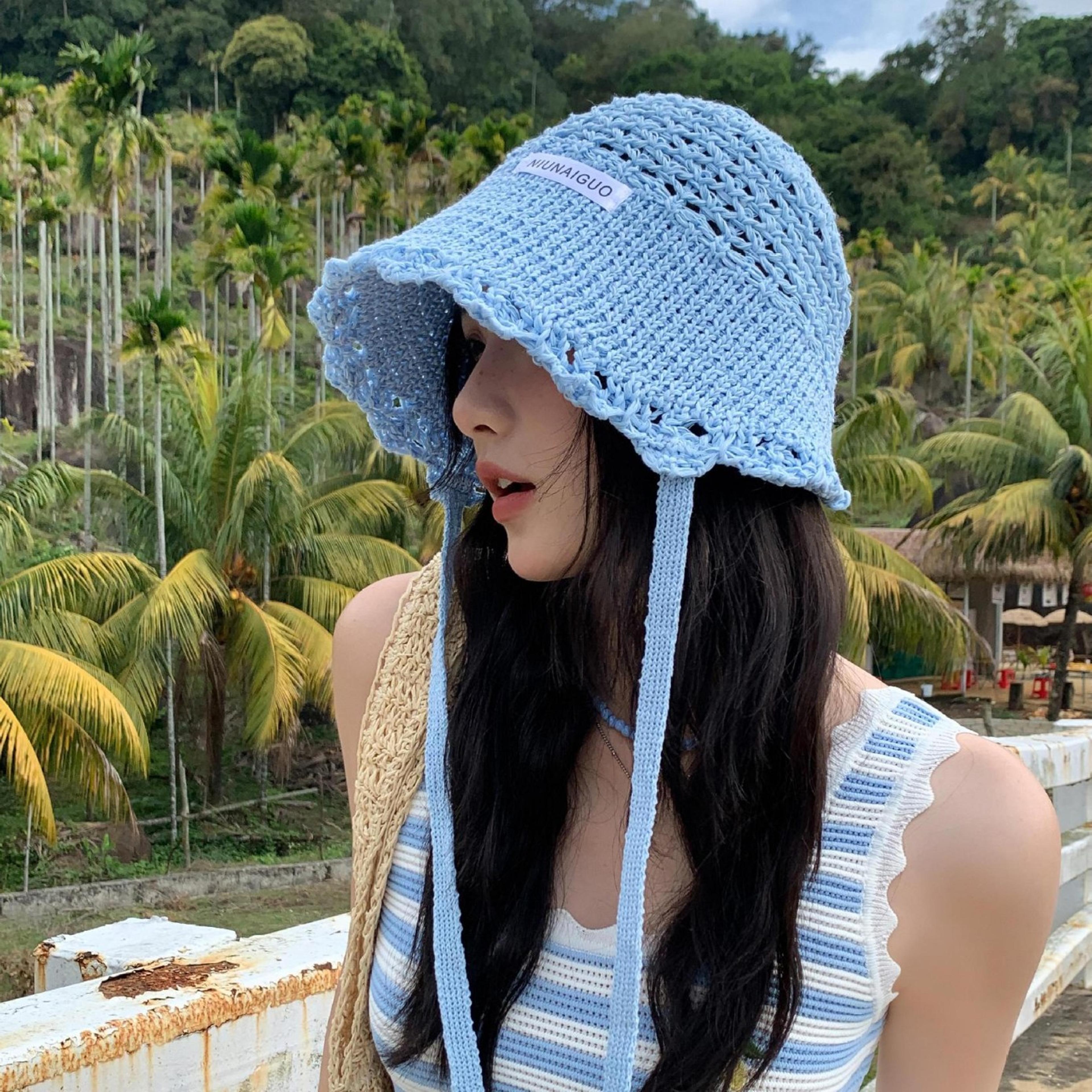 womens blue woven wide brim sun hat breathable summer bucket hat
