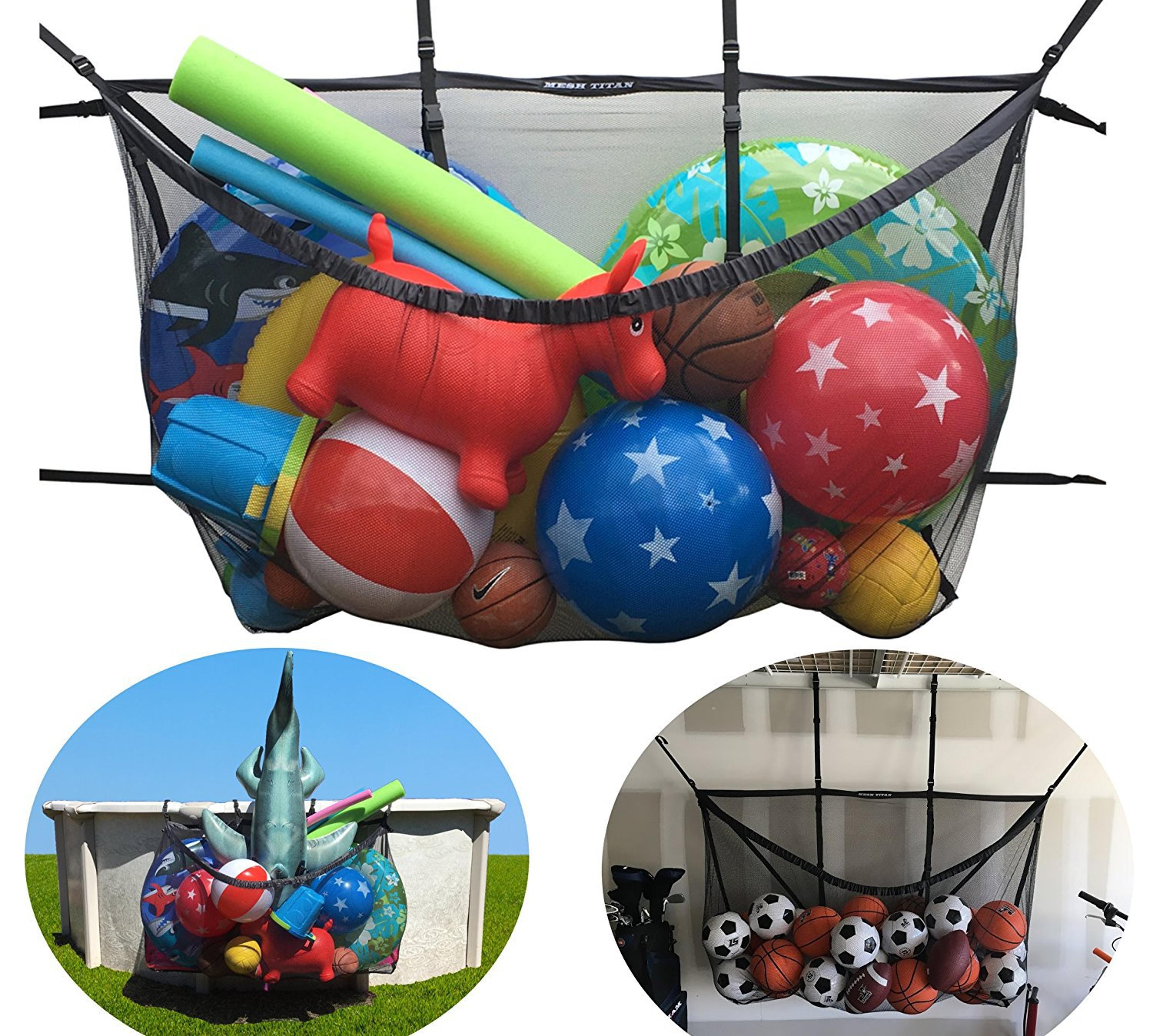 large hanging mesh pool toy storage bag for floats and beach gear