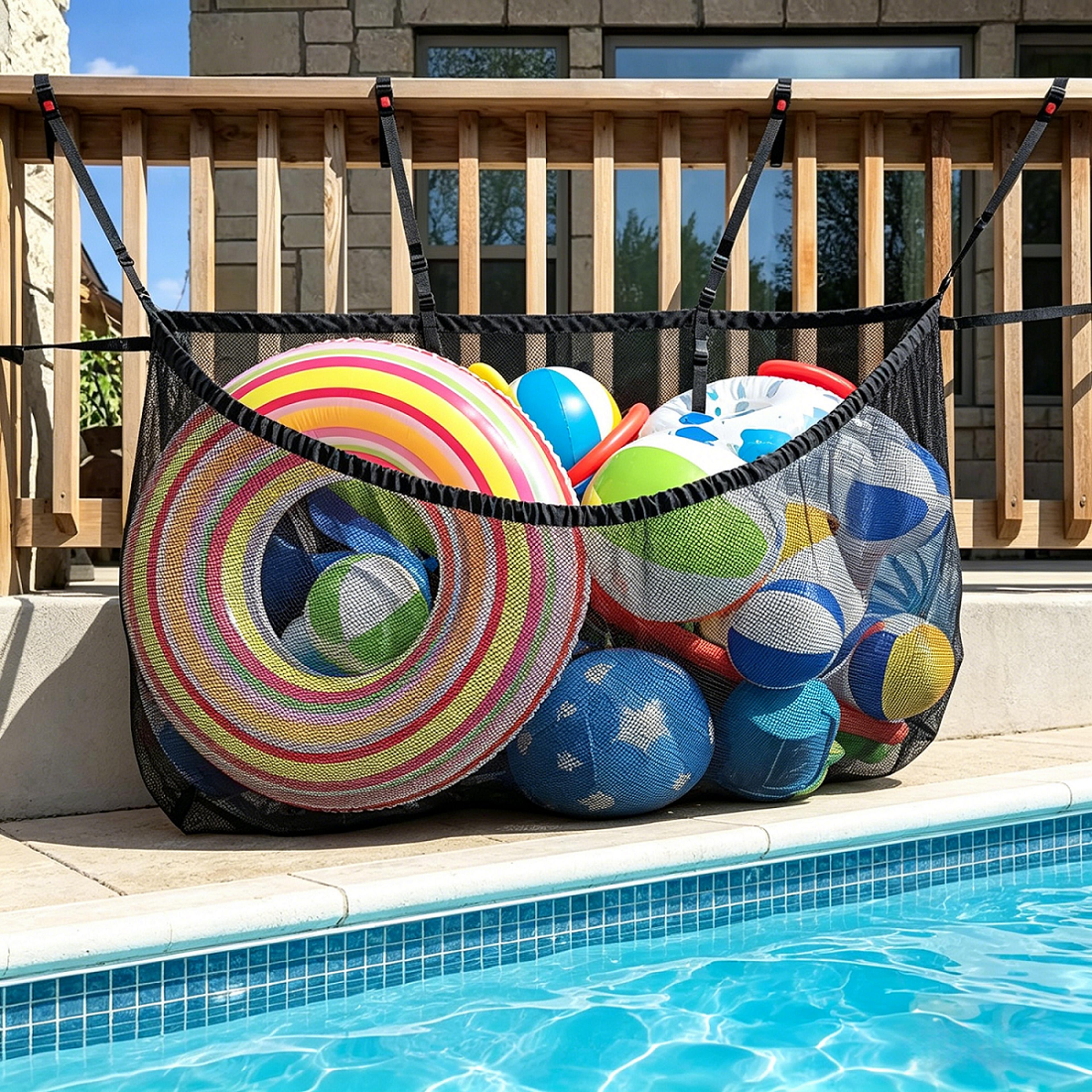 large mesh pool toy storage bag for floats and beach gear