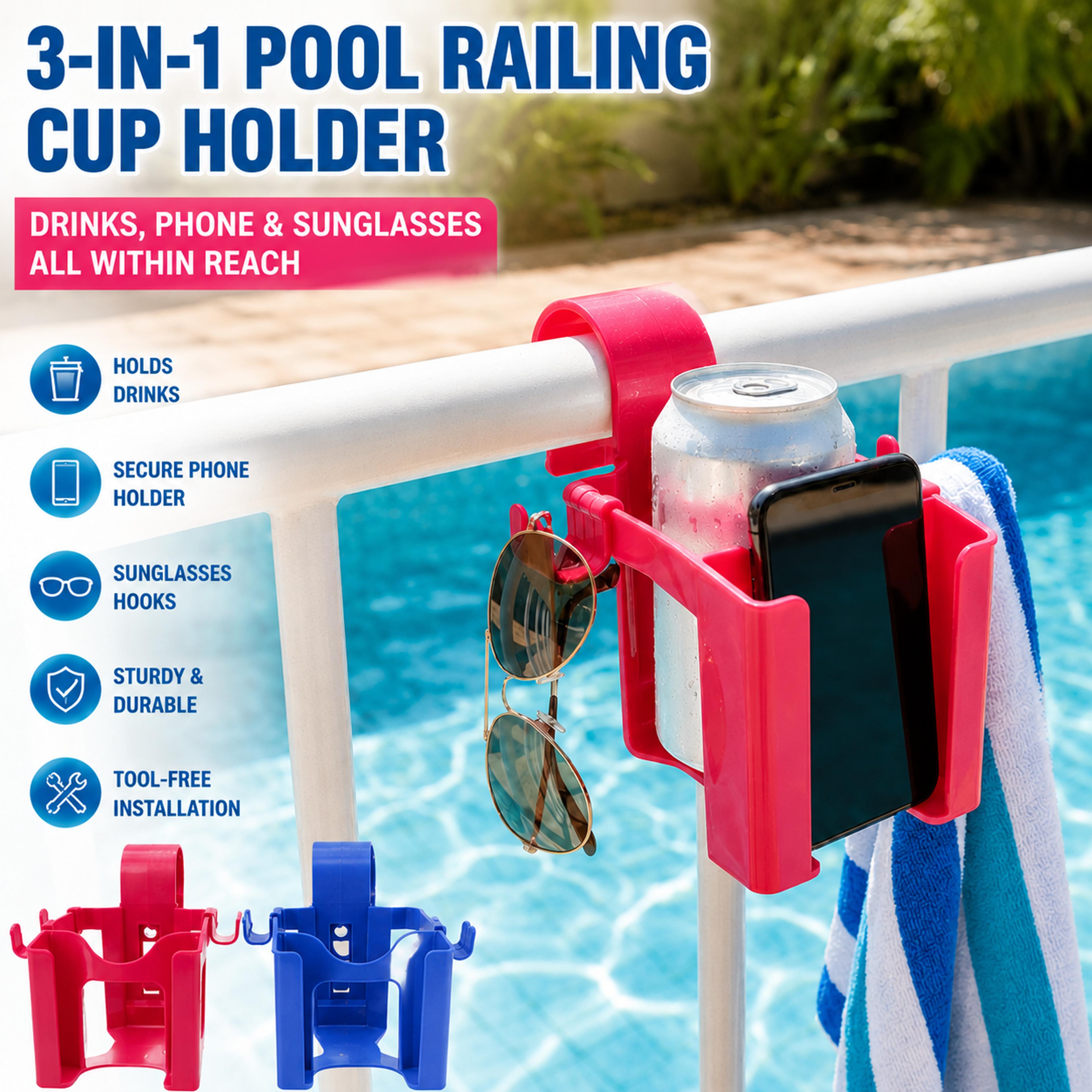 above ground pool cup holder with phone stand & sunglass hooks