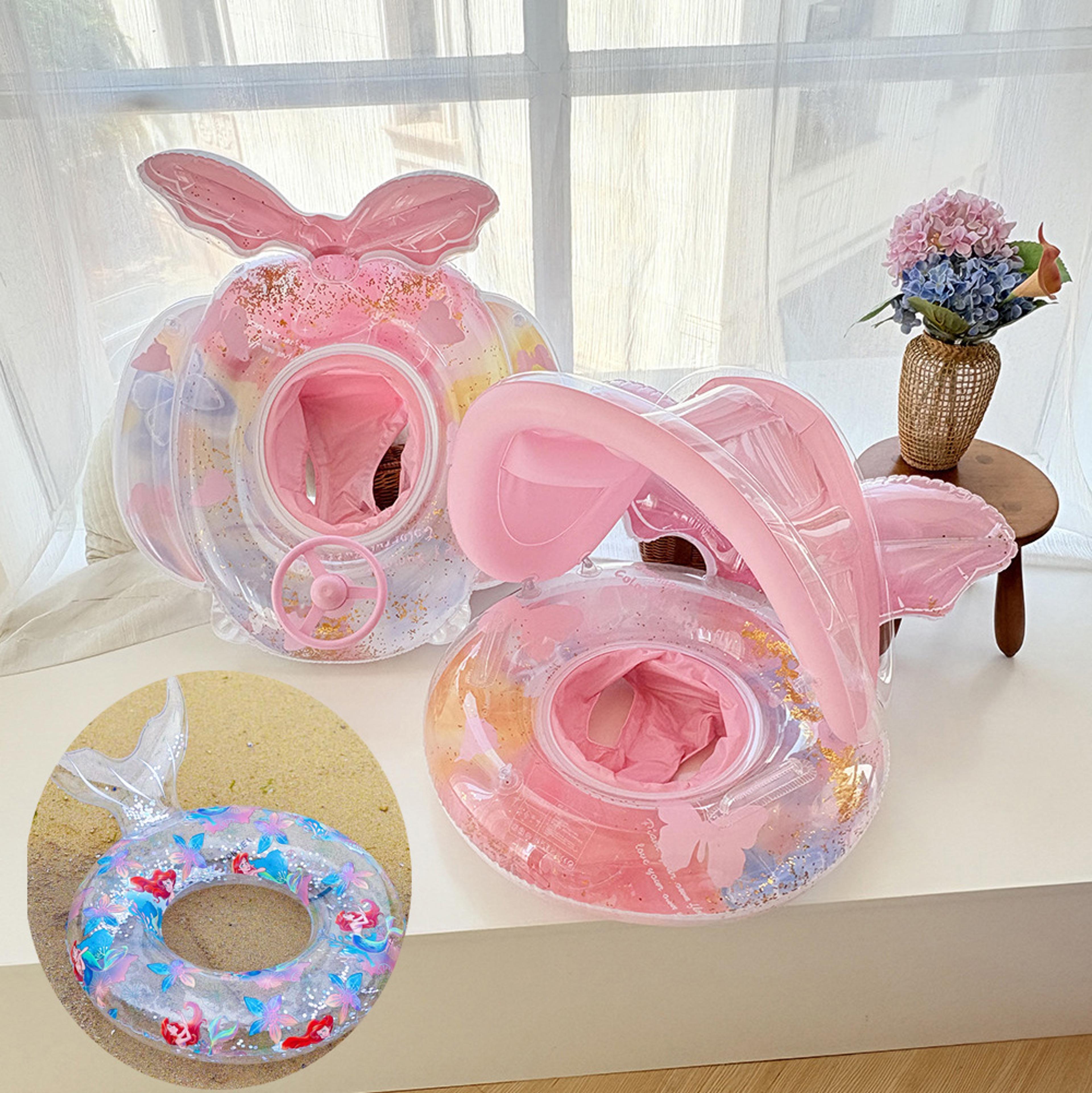 inflatable pool float with handles and sunshade swim ring seat