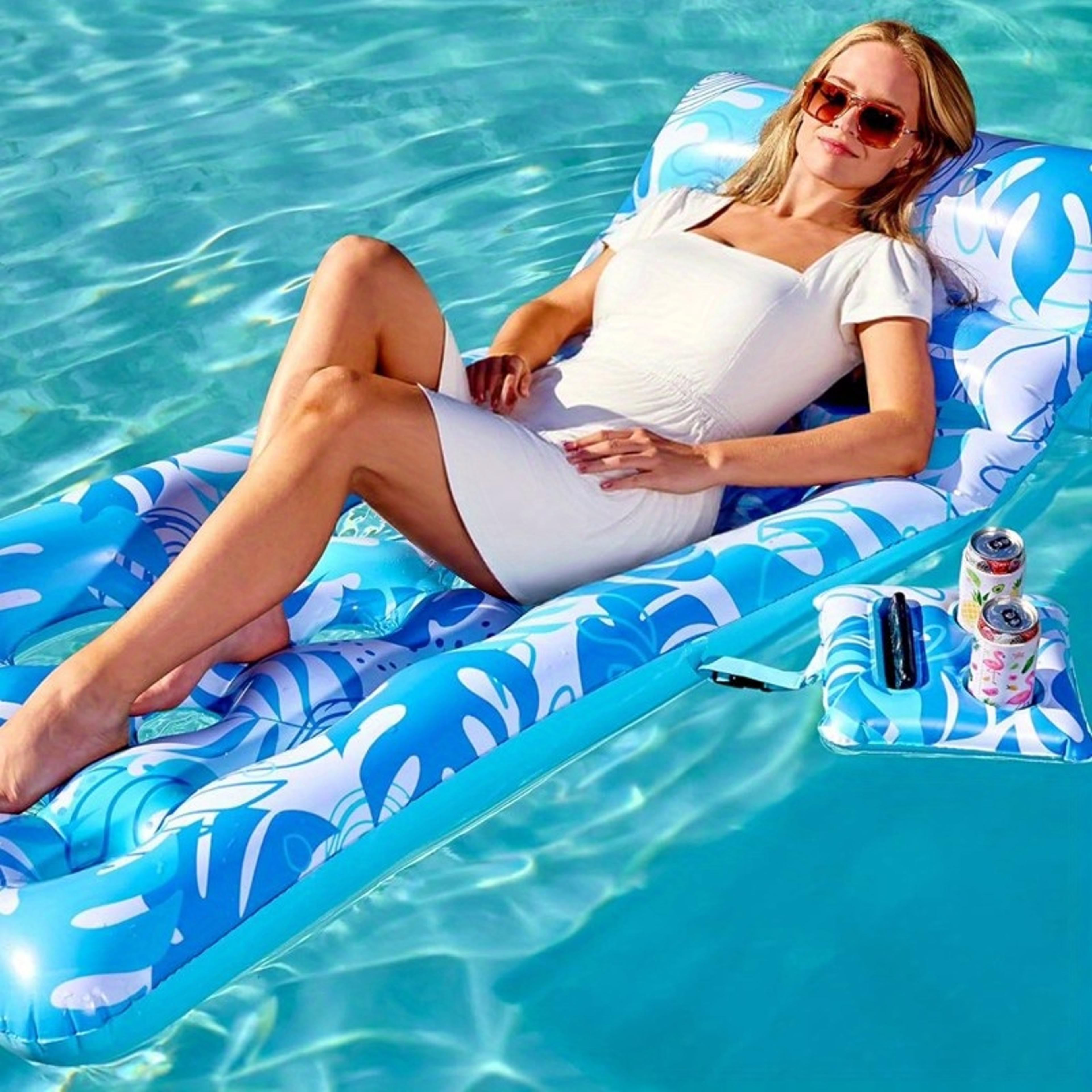 tropical leaves adjustable backrest inflatable pool lounger with cup holders tanning float for adults
