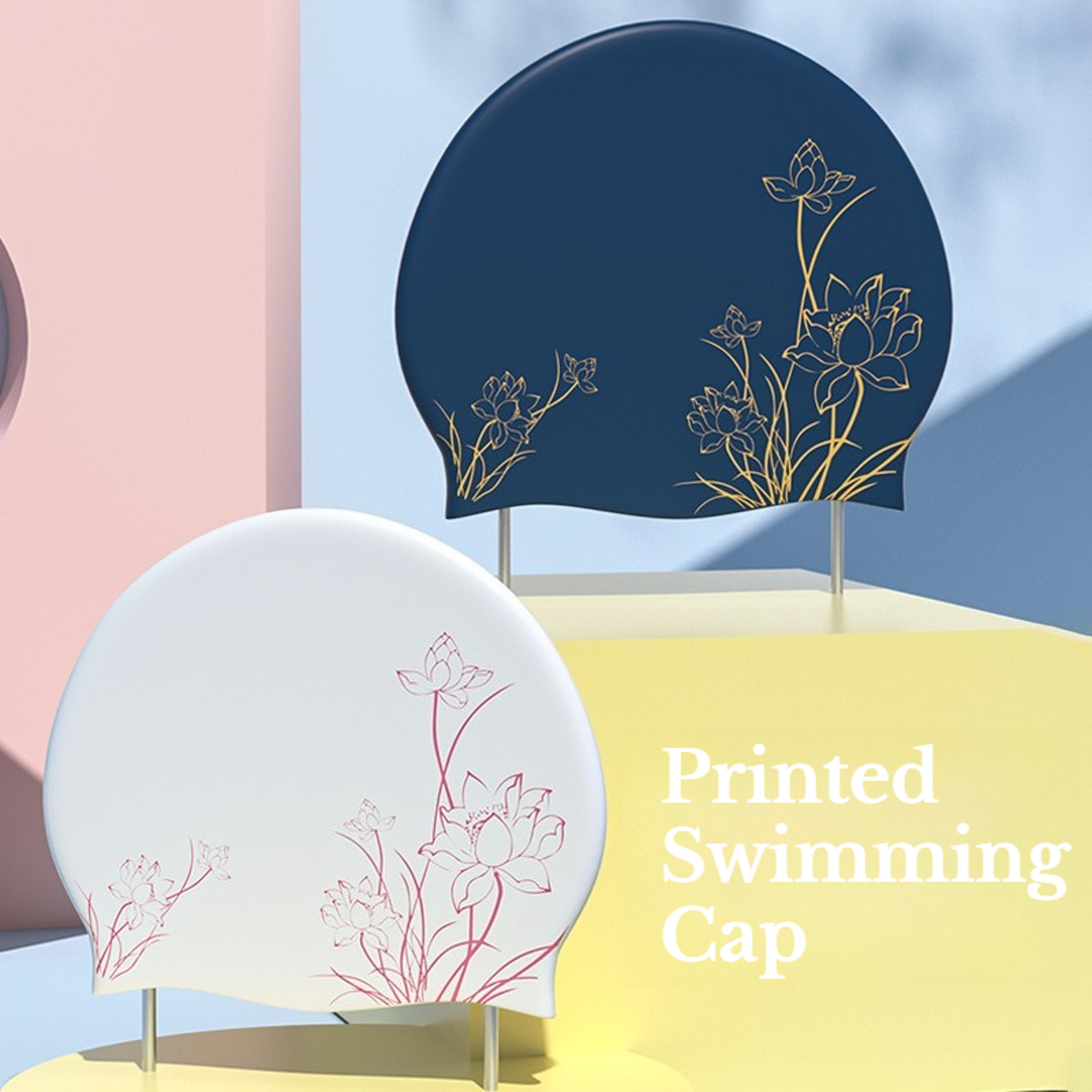 lotus print silicone swim cap for long hair with ear protection