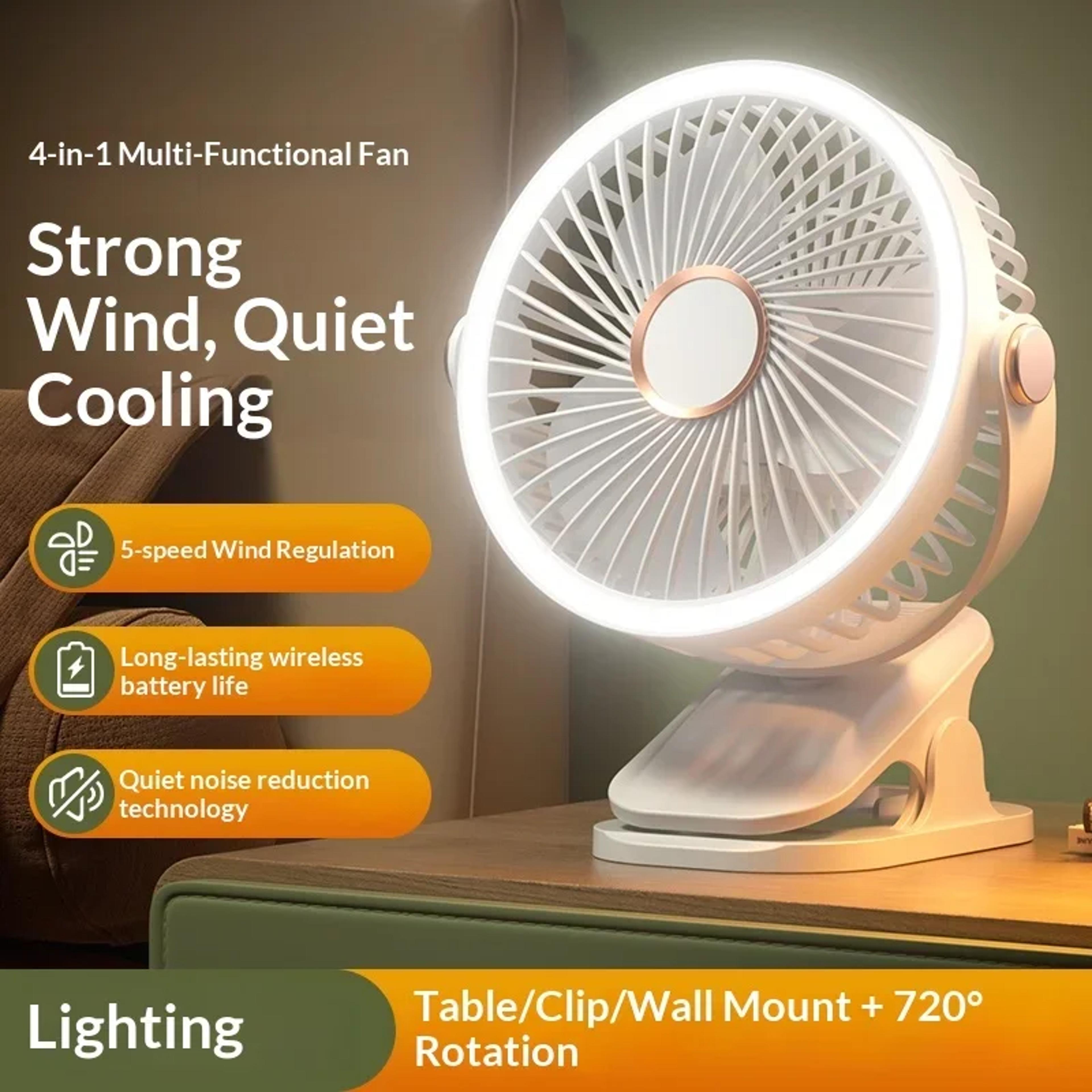portable clip on fan with led light, rechargeable usb desk fan