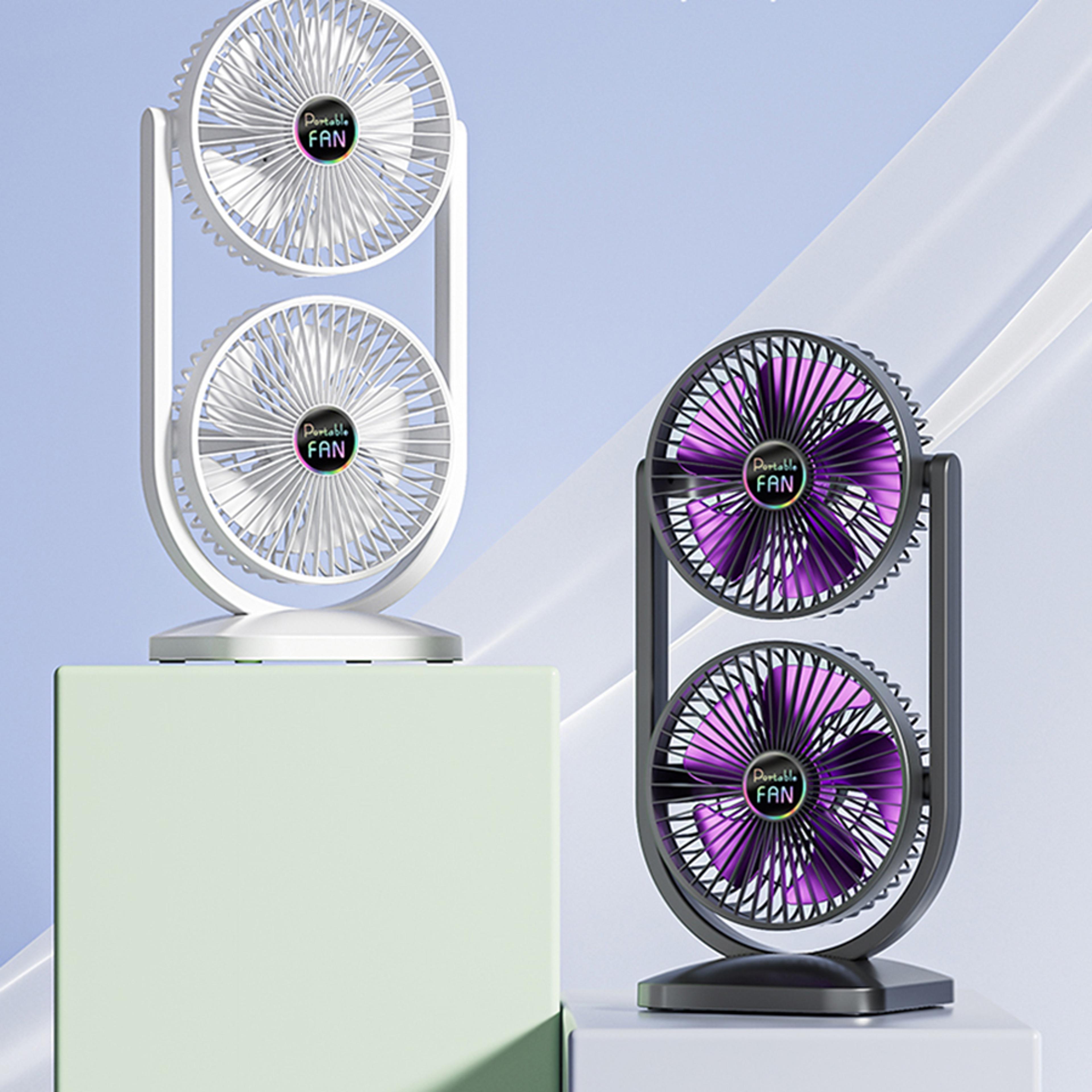 usb rechargeable double head portable fan with two way airflow control