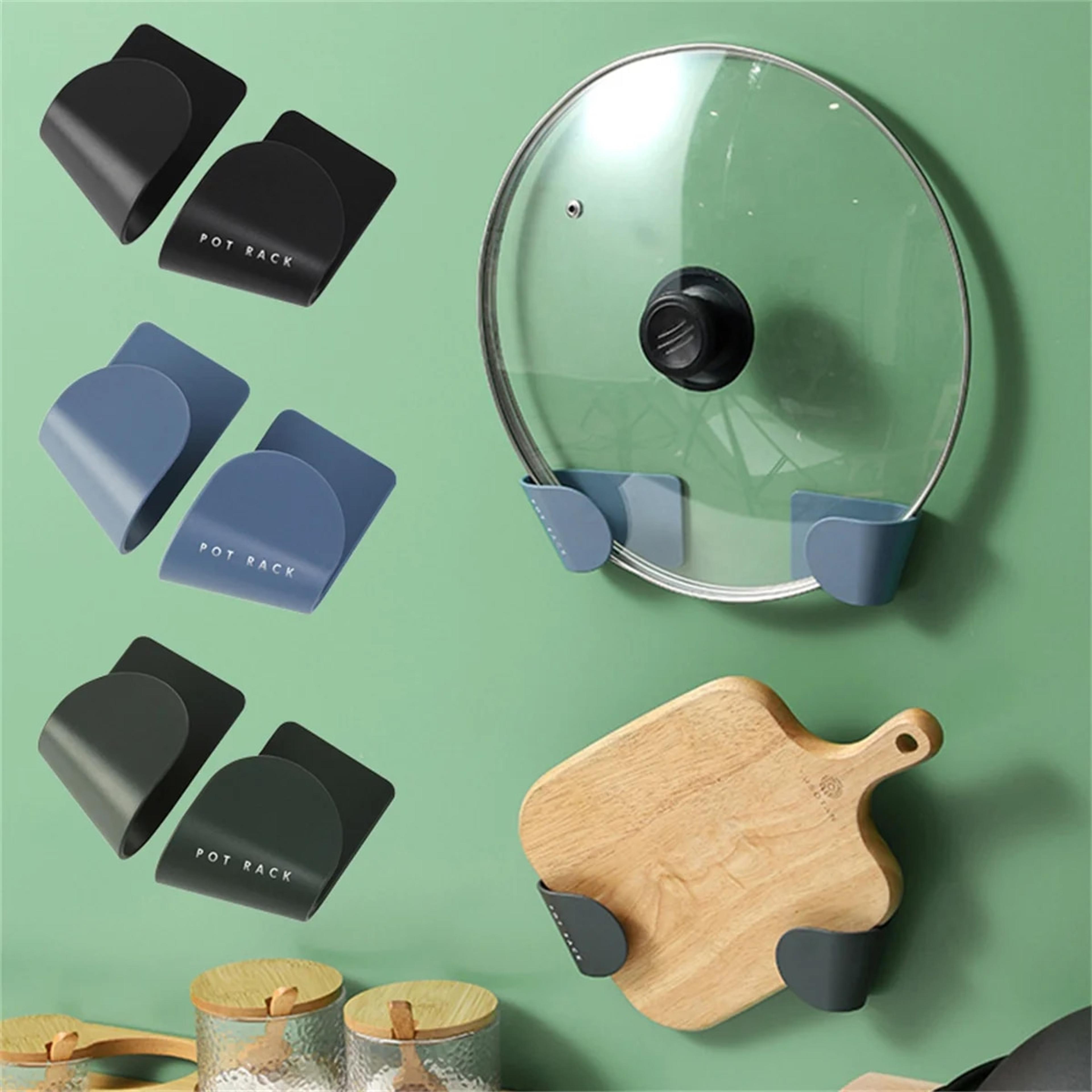 wall-mounted pot rack: adhesive pan lid holder for kitchen organization