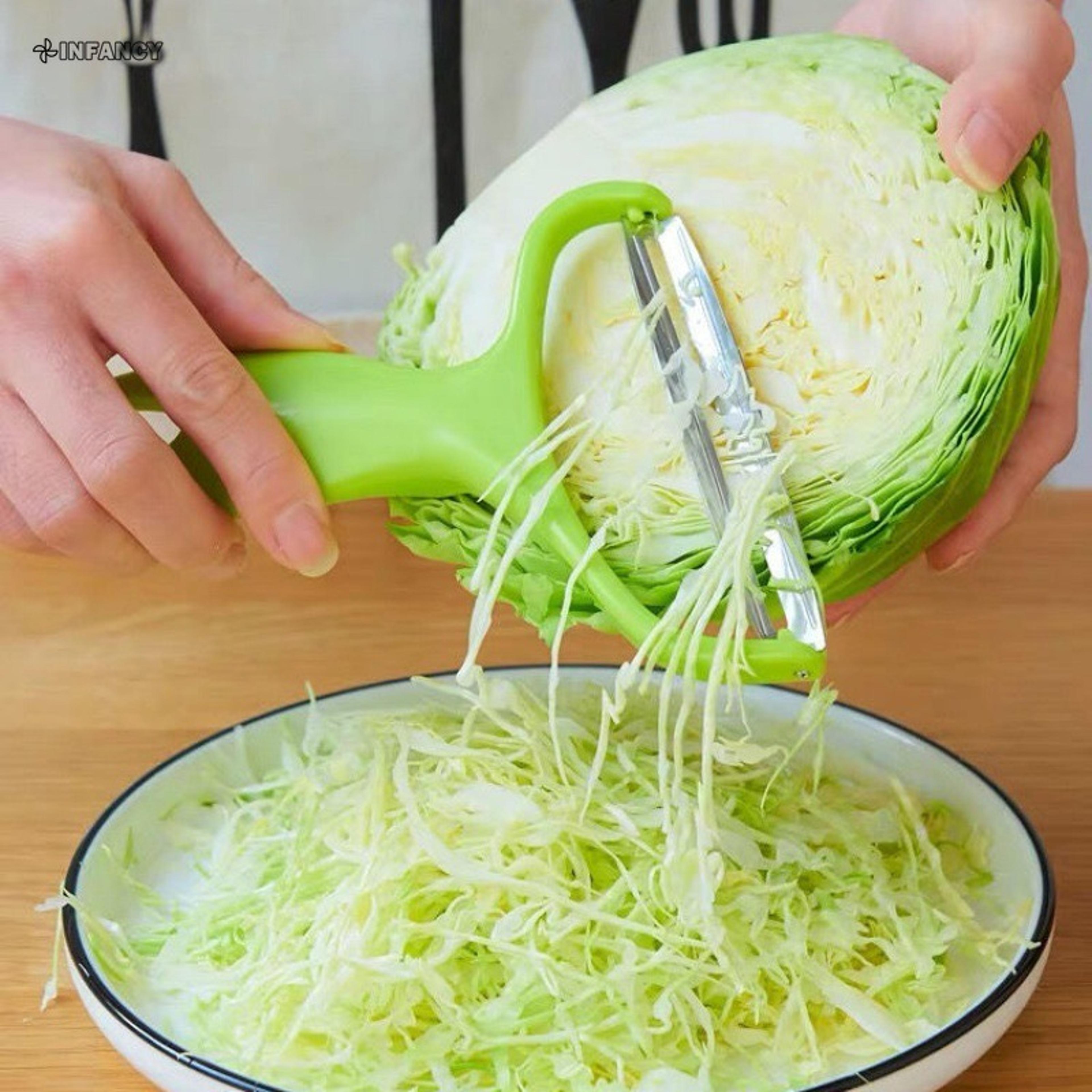 "multi-purpose vegetable cutter: cabbage slicer, grater, shredder, fruit peeler, knife, potato zester - essential kitche