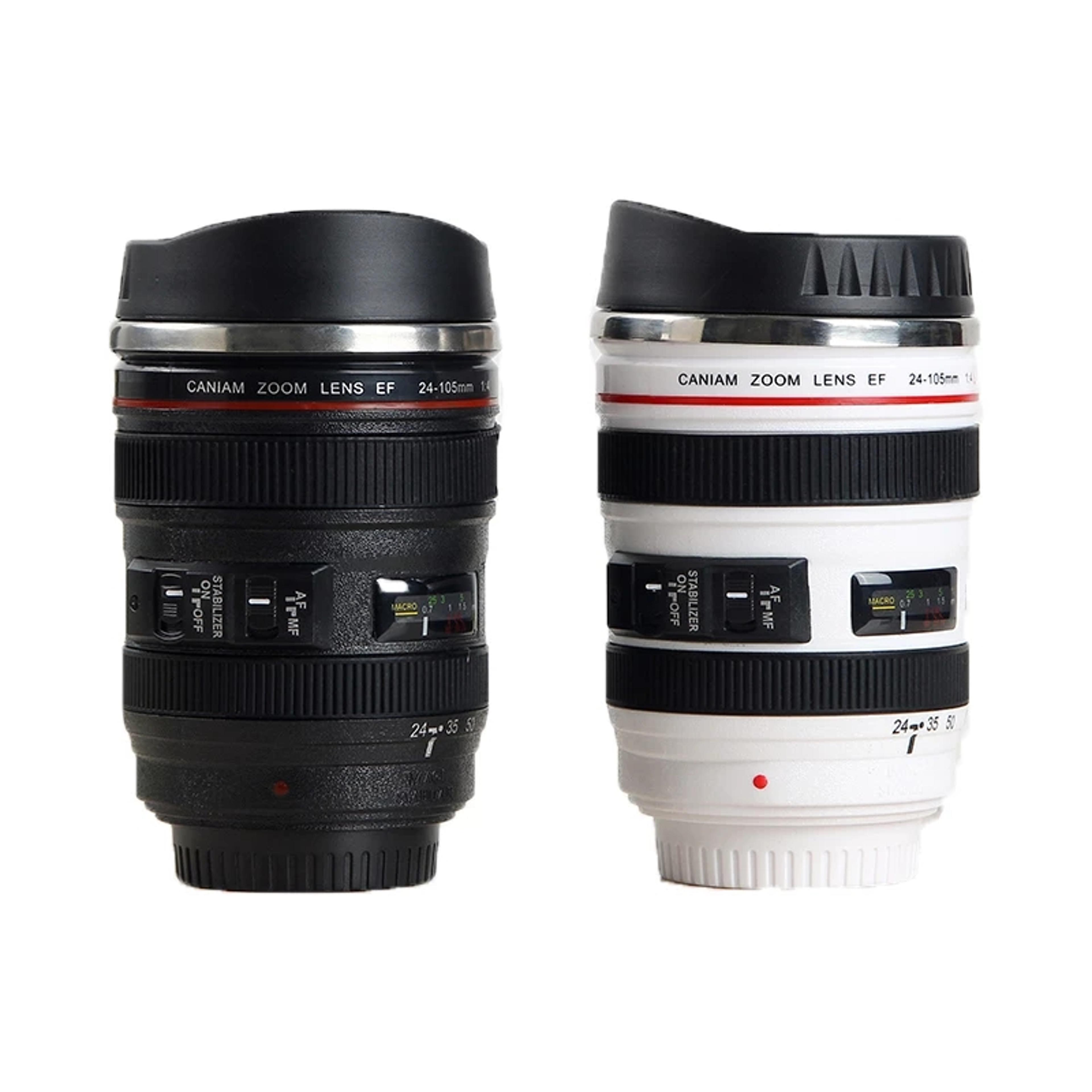 white and black camera lens mug - stainless steel ef24-105mm: unique coffee cup gift