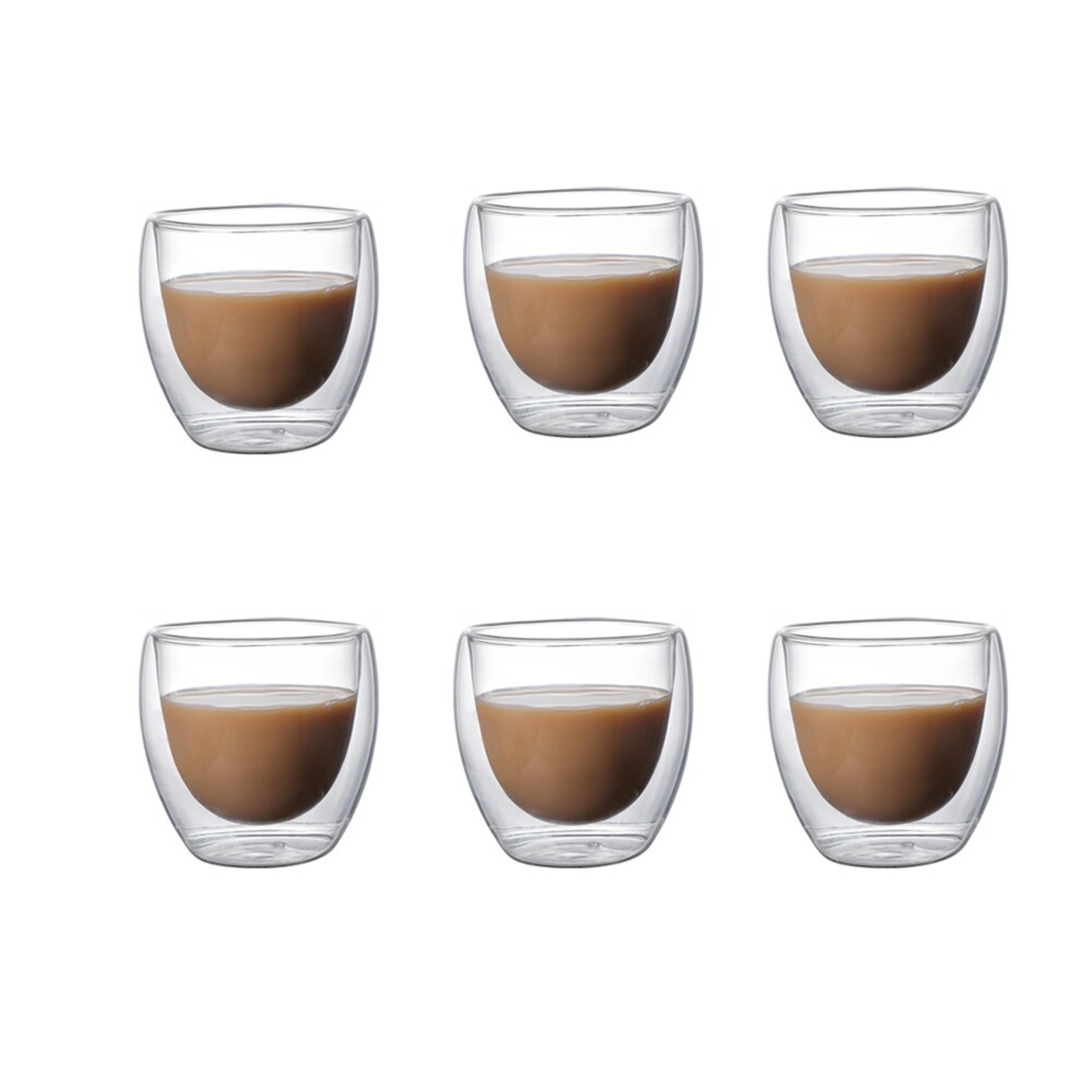 clear double wall glass coffee mugs: 6-pack set for bar, tea, milk, juice, espresso - insulated cups in 5 sizes
