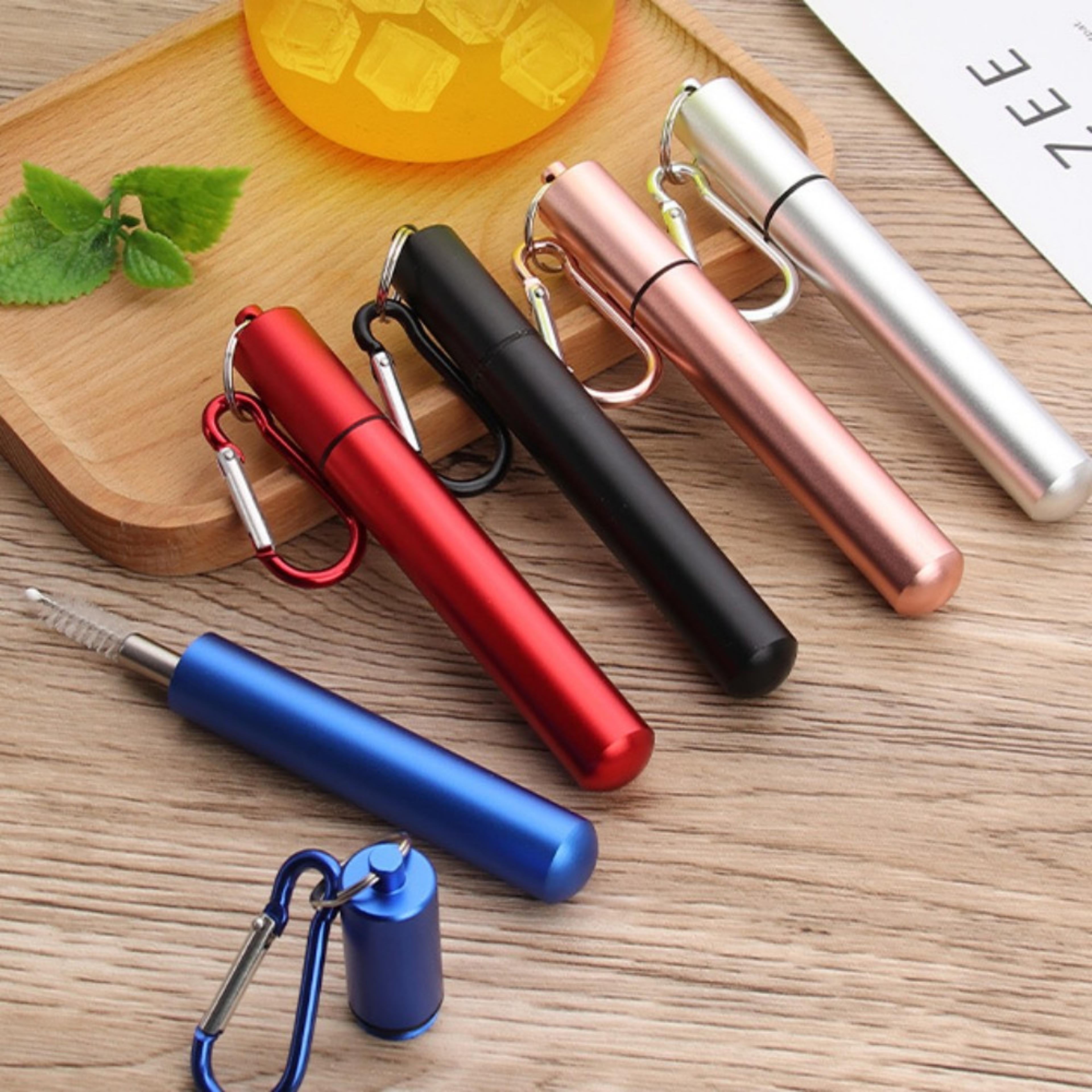reusable telescopic stainless steel drinking straw set with carry case and cleaning brush for water, coffee, milk, milks
