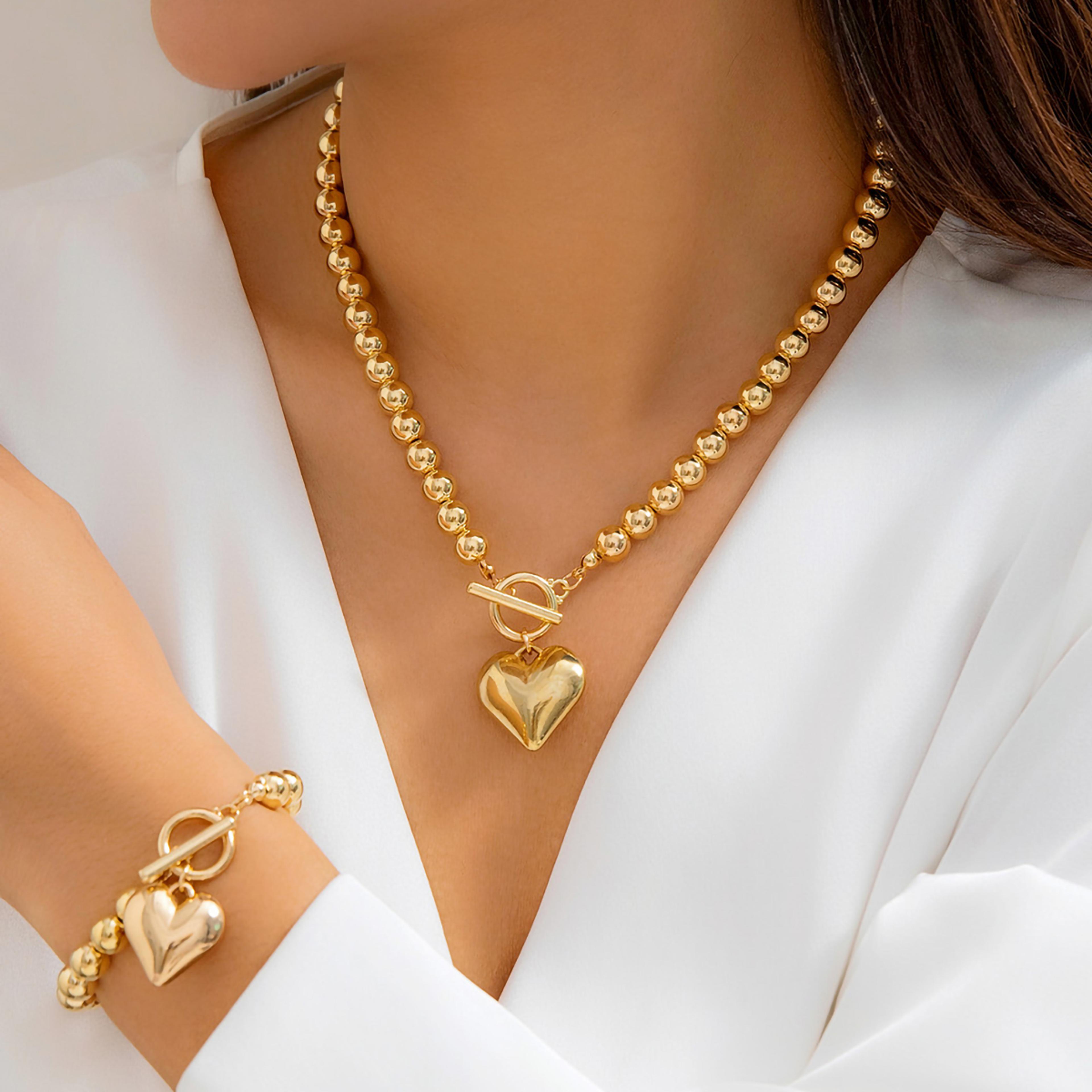 trendy hollow heart pendant necklace, ball bead chain choker necklace for women, elegant party jewelry set