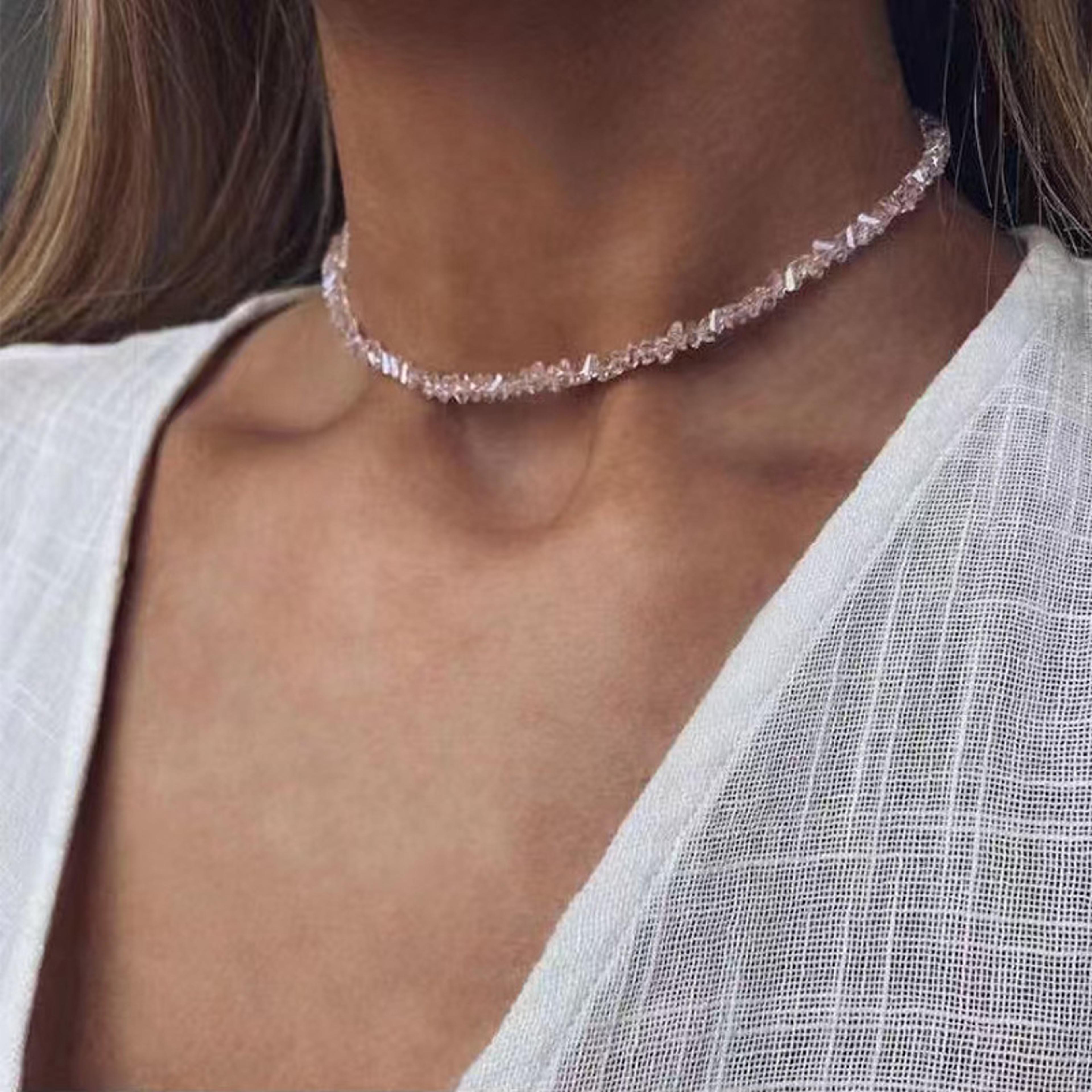 korean multi-cut glass crystal choker necklace, irregular beaded transparent vintage collar neck jewelry for womens fa