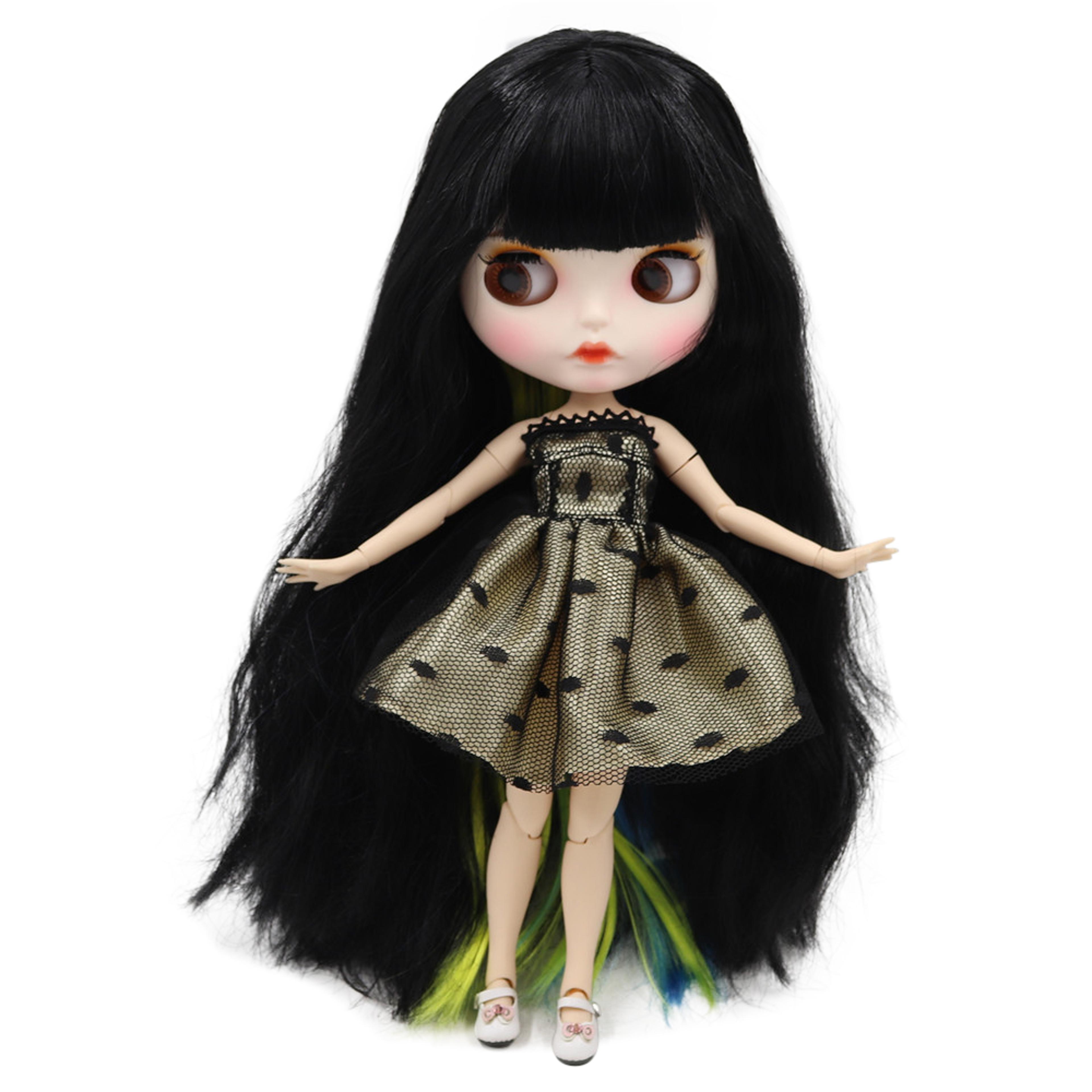 icy dbs blyth doll, white skin joint body with black mixed colorful hair, new matte face, eyebrows & lip gloss