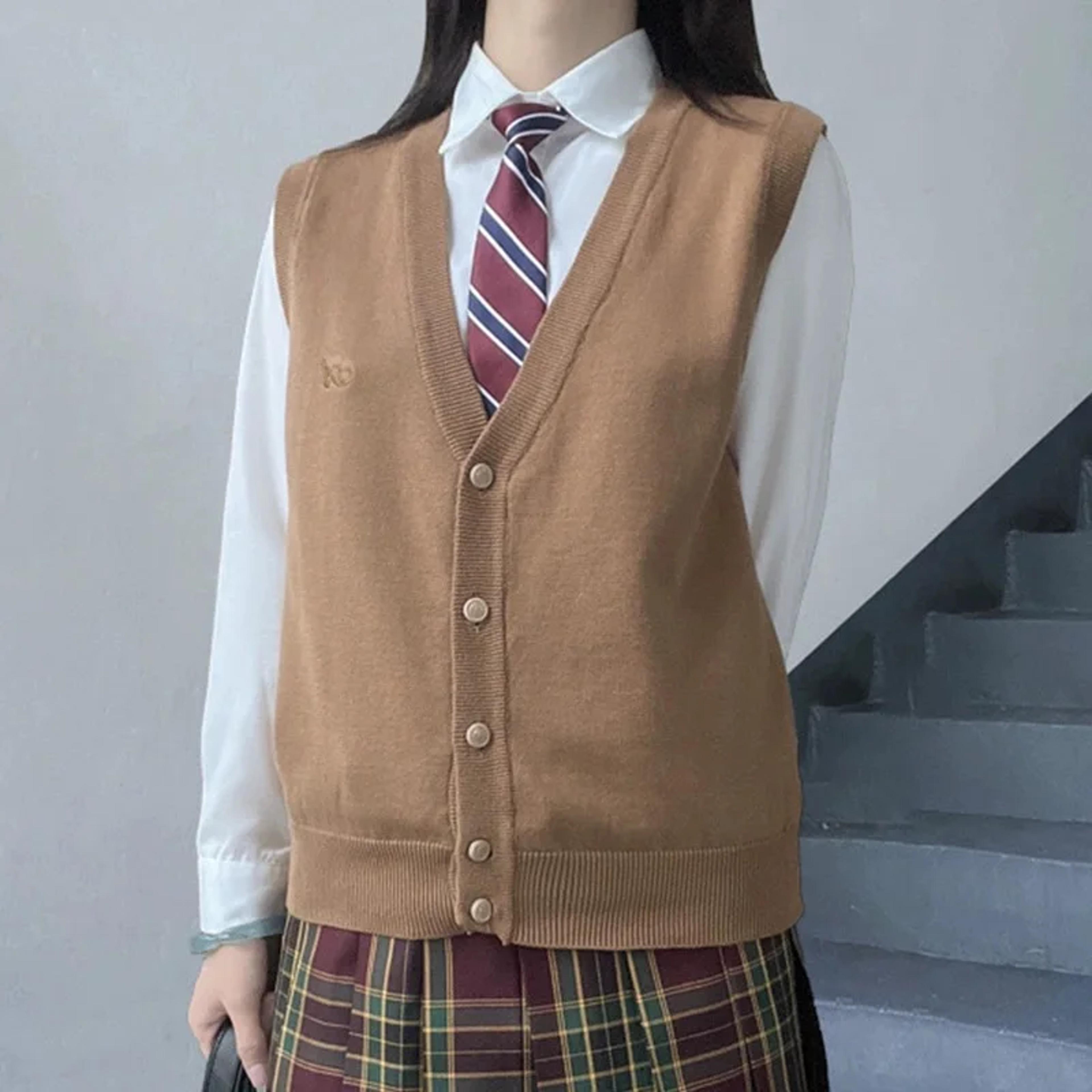 jk uniform knit vest, gyaru school cardigan, girls preppy sweater vest for high school class, autumn fashion