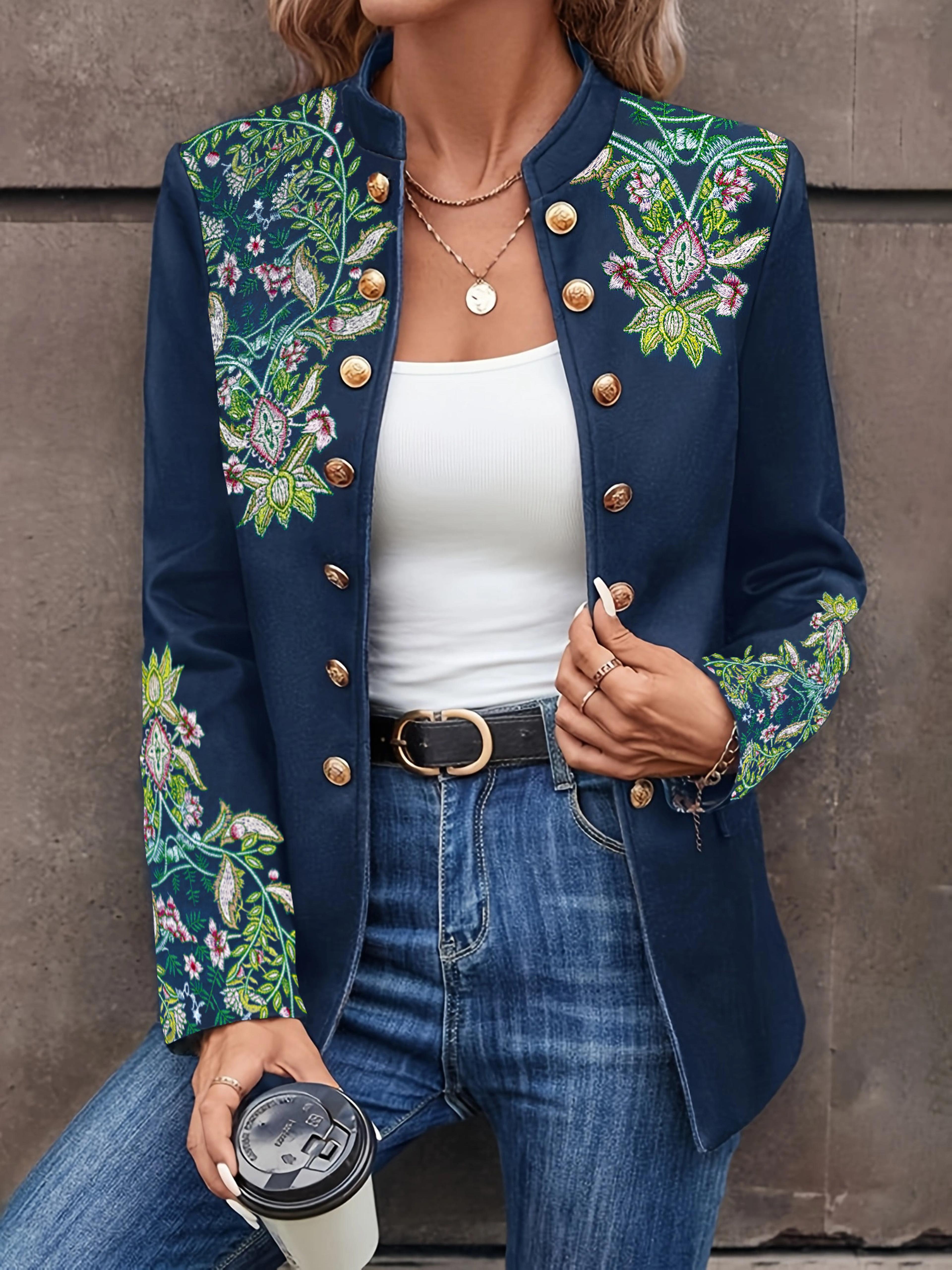 retro floral embroidery jacket, women's double breasted long sleeve stand collar blazer, elegant spring fall coat