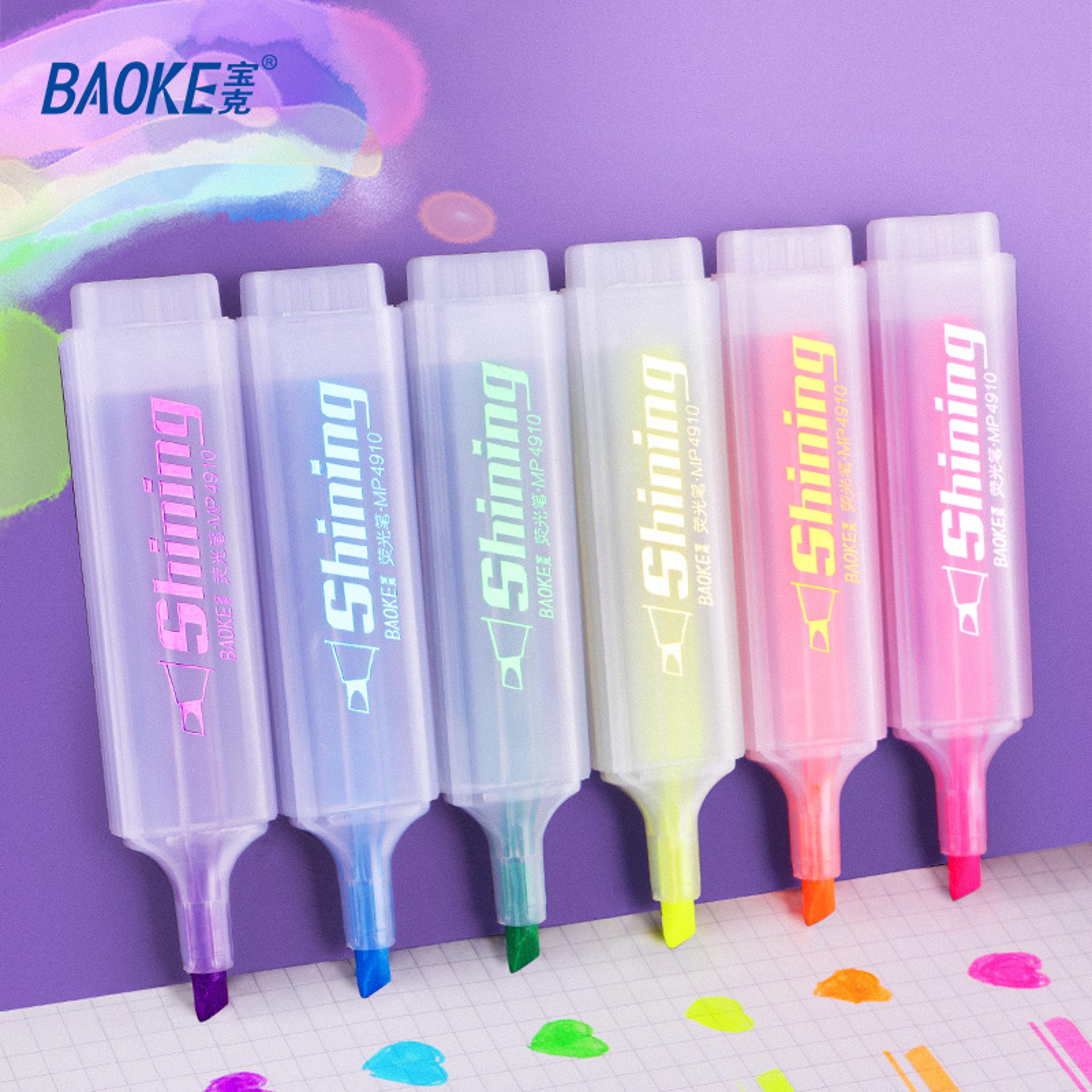 baoke mp4910 6 color highlighters, chisel tip, quick dry fluorescent ink, note taking, studying, school office supplies