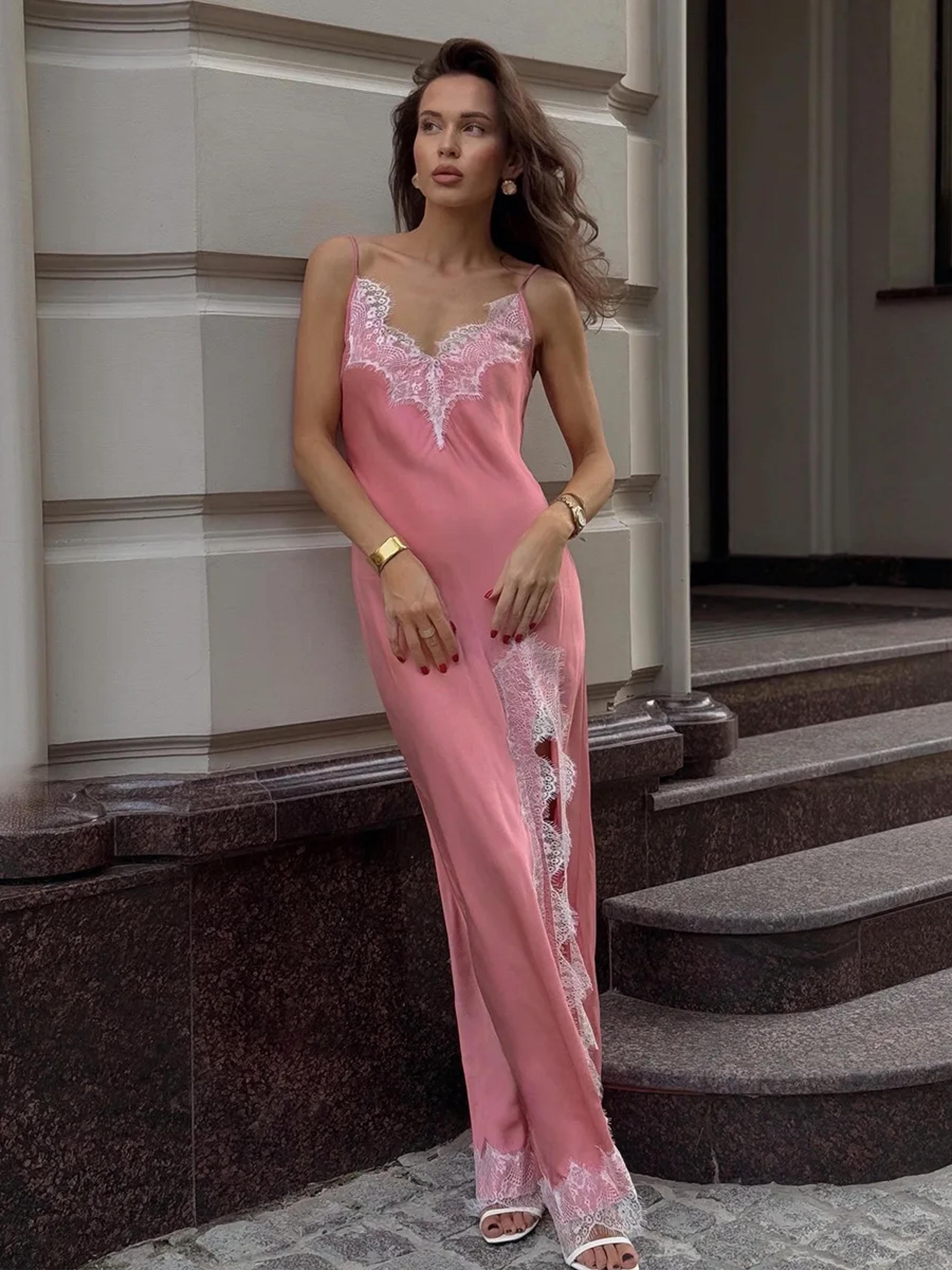 wolfeel womens lace camisole long dress, 2025 summer new, imitation silk, sexy split stitch lace dress
