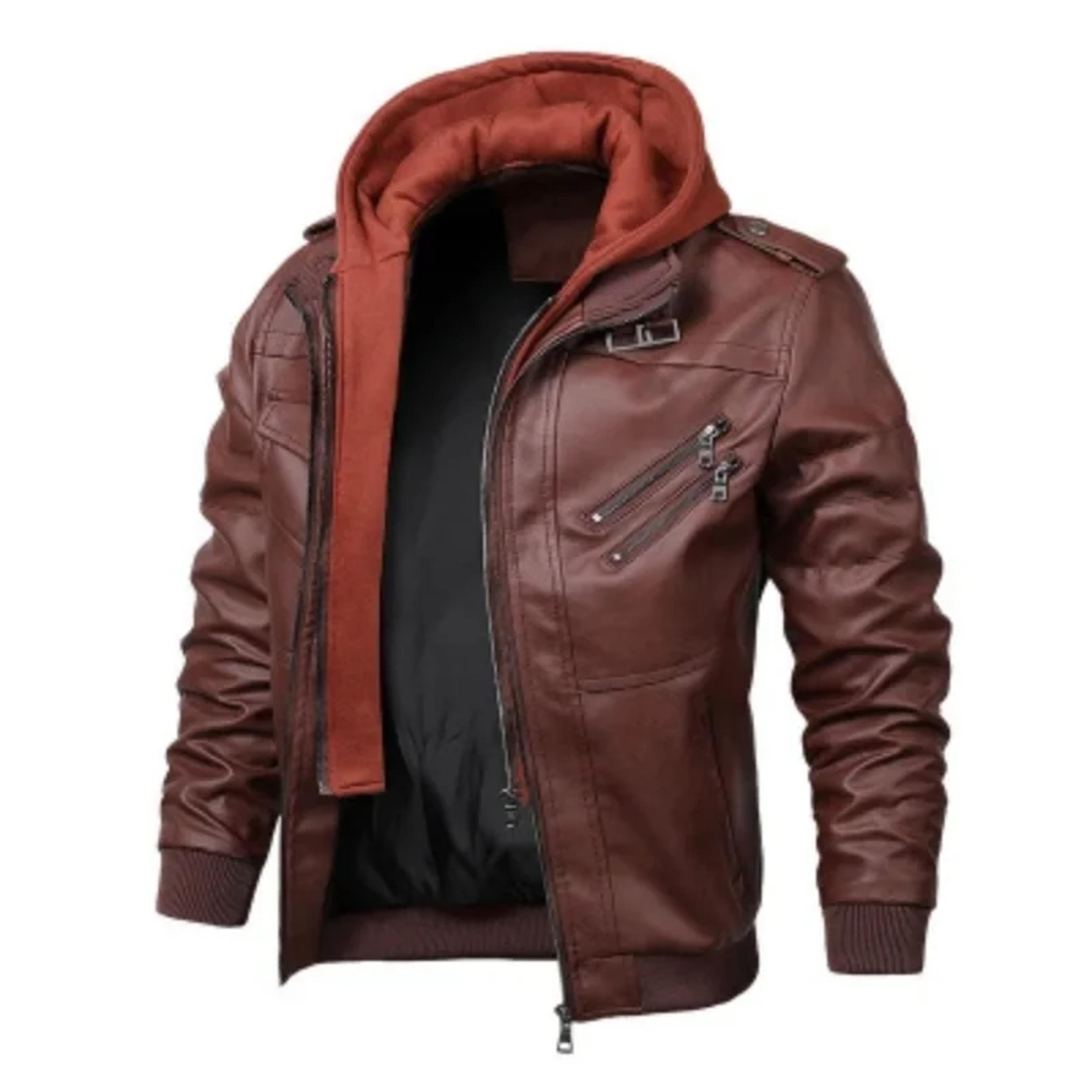 mens vintage faux leather motorcycle jacket, with removable hood, camouflage lining, windproof bomber coat, casual styl