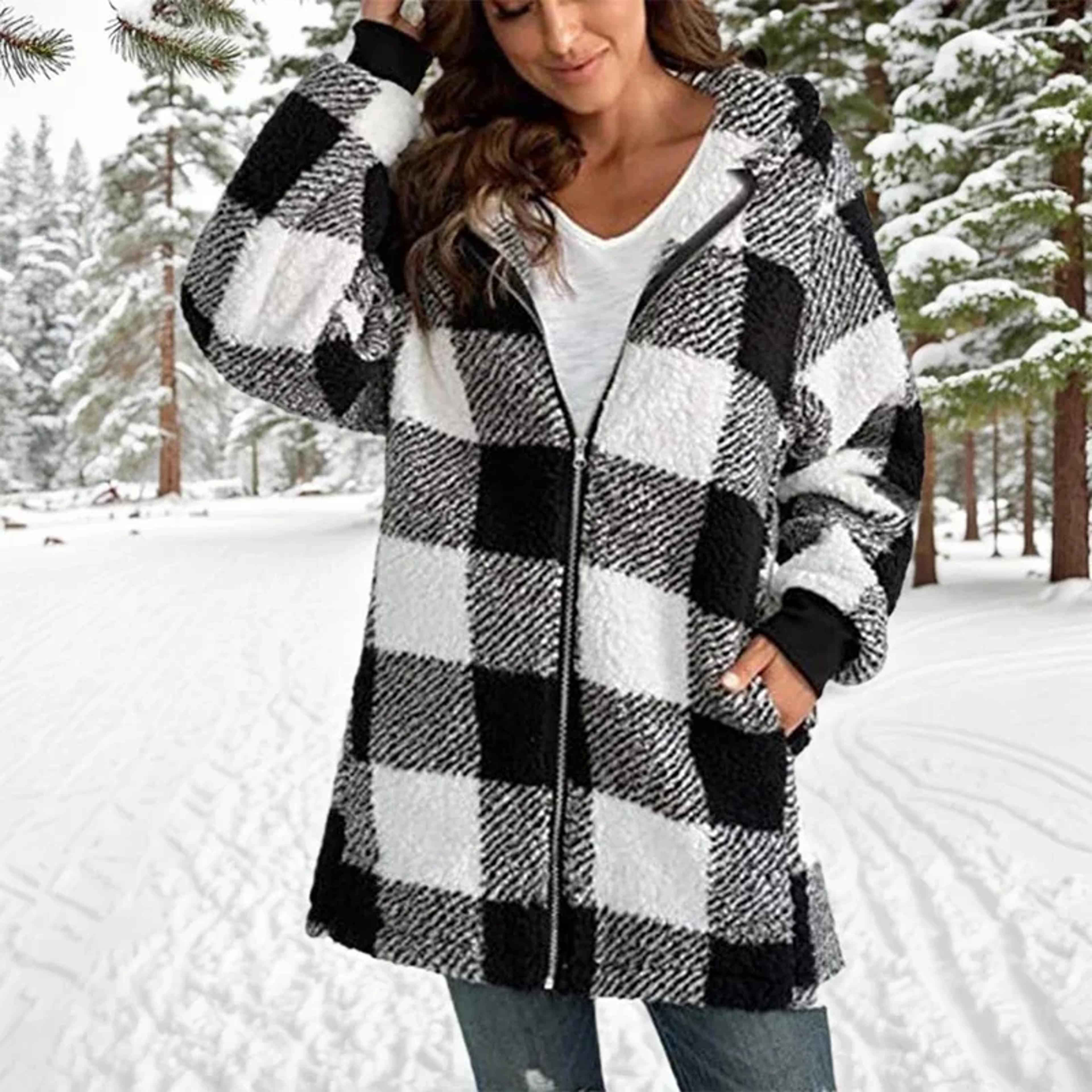 winter plush jacket for women, plus size patchwork hooded outwear, fashion plaid and striped design, long sleeved