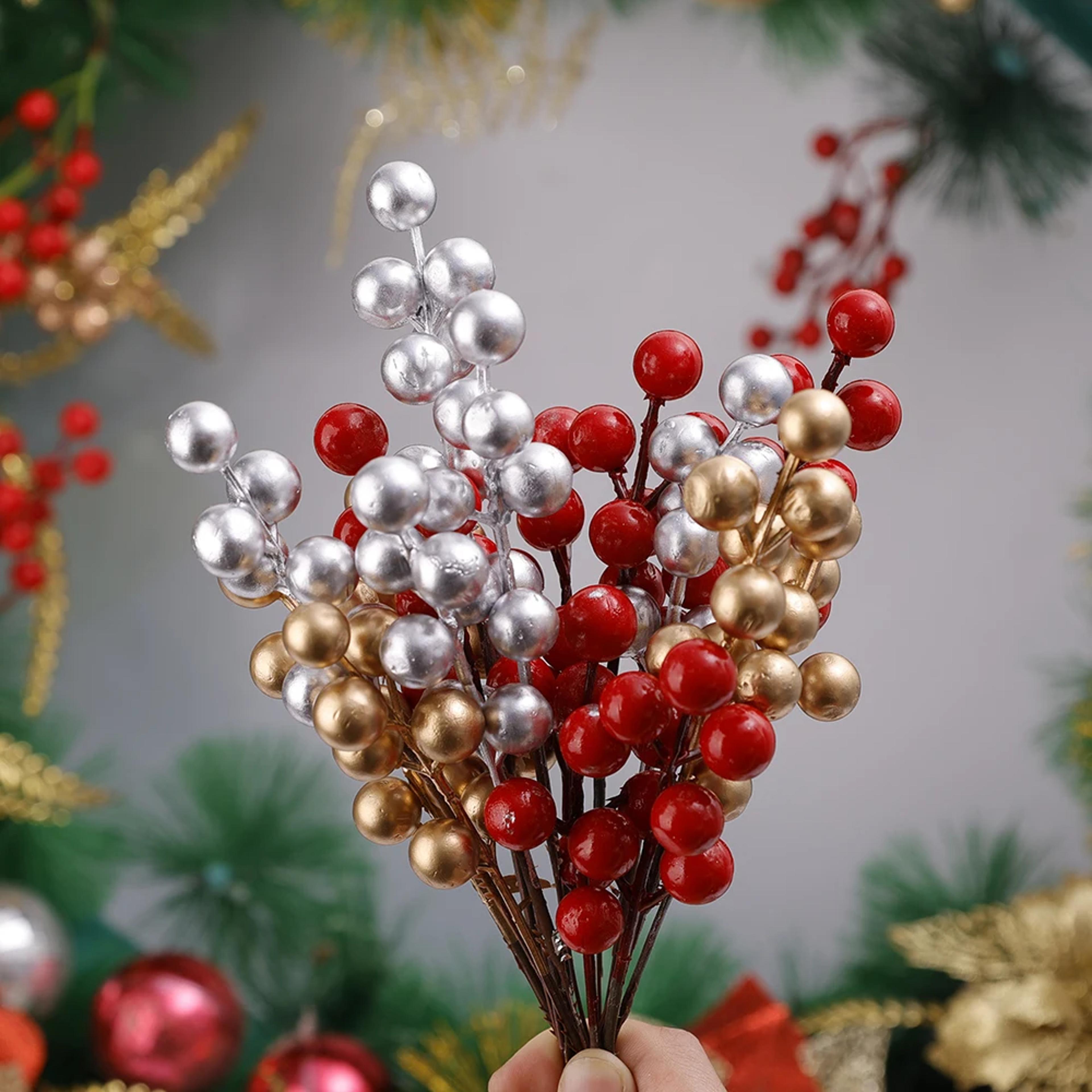 christmas diy floral wreath ornament, artificial berries red, gold, silver, cherry stamen, fake berries branch, new year