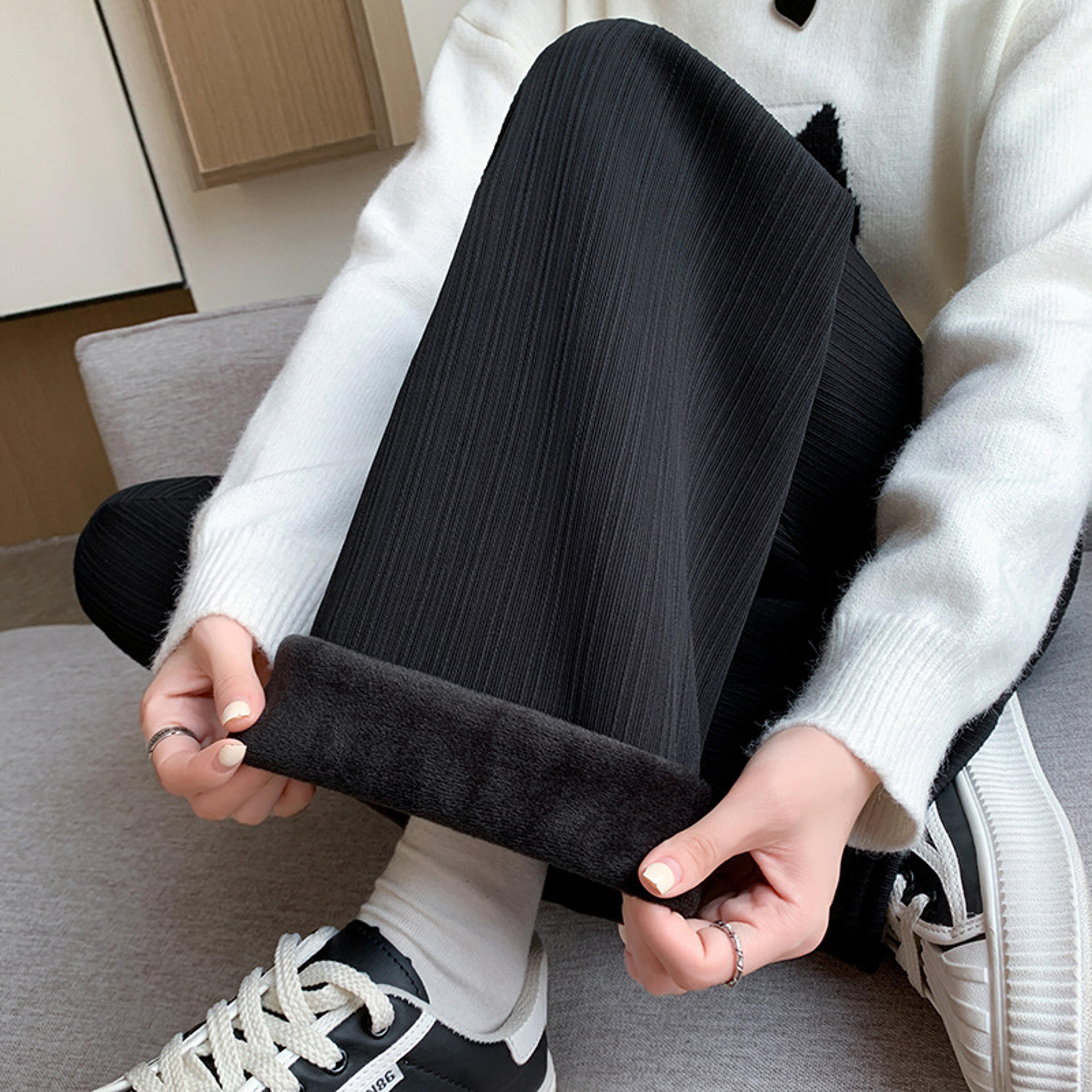 womens fleece lined wide leg pants, high waist winter leggings, thickened striped casual lounge pants