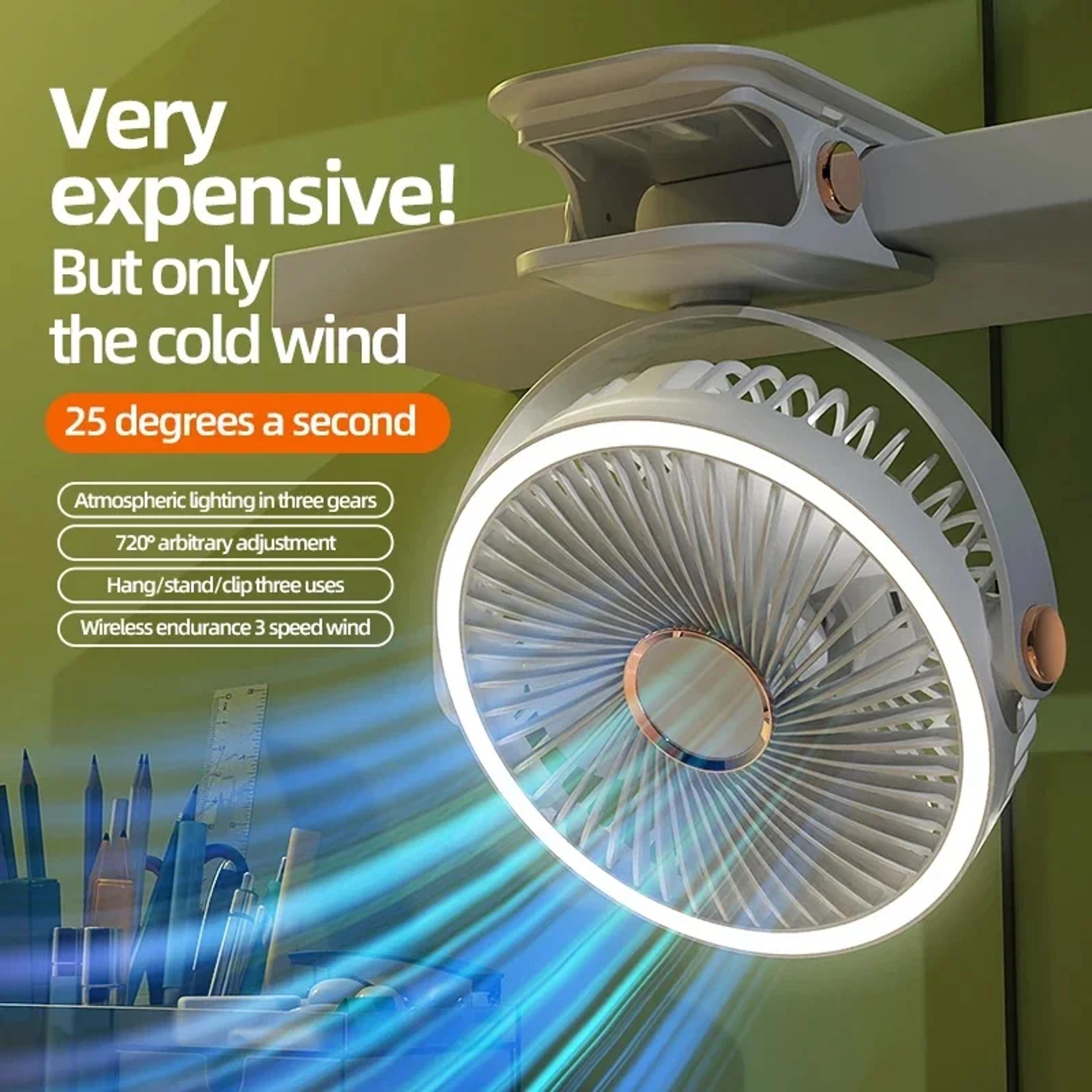 rechargeable camping fan with led light portable clip on desk and ceiling air circulator