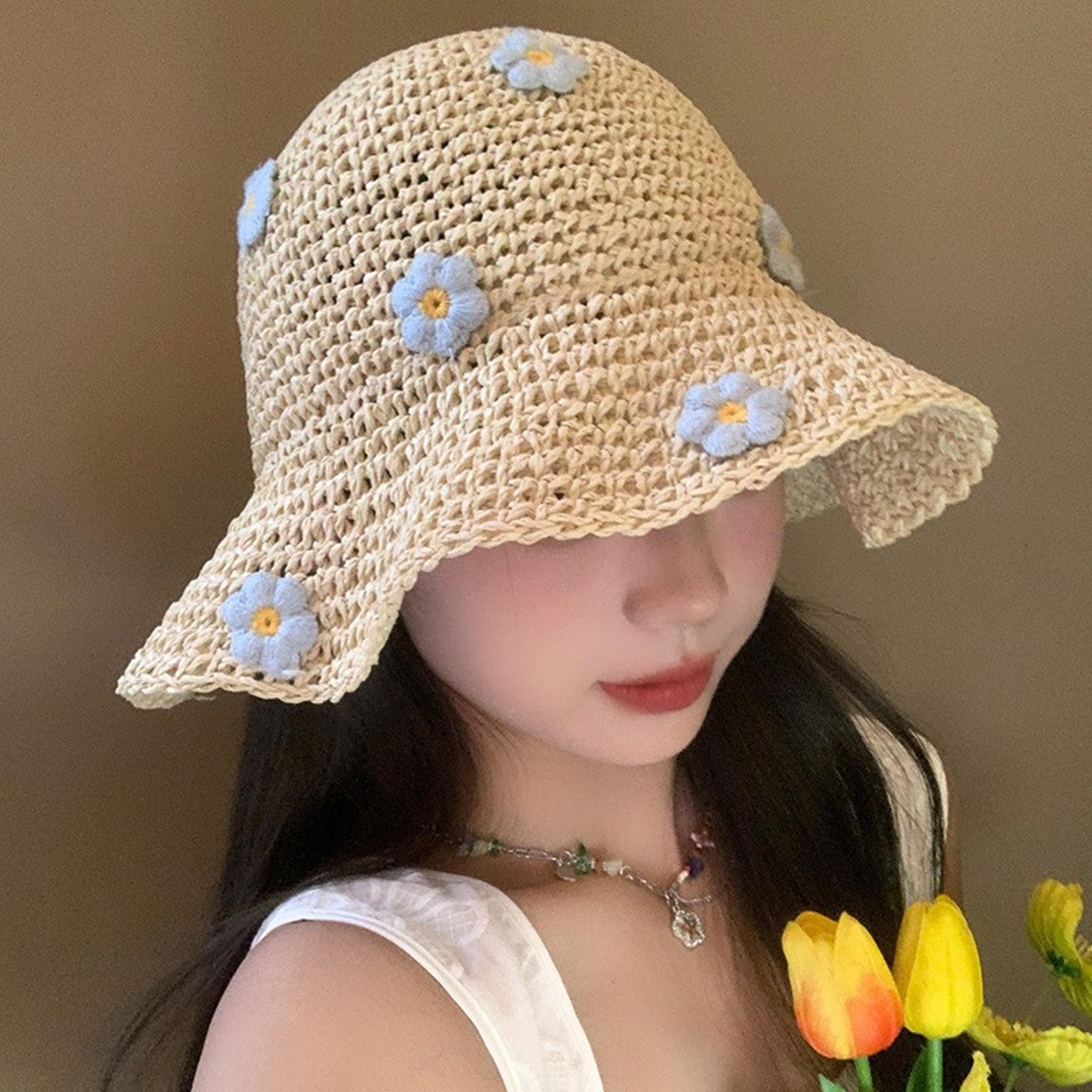 stylish woven flower straw sun hat with fisherman brim for outdoor & beach