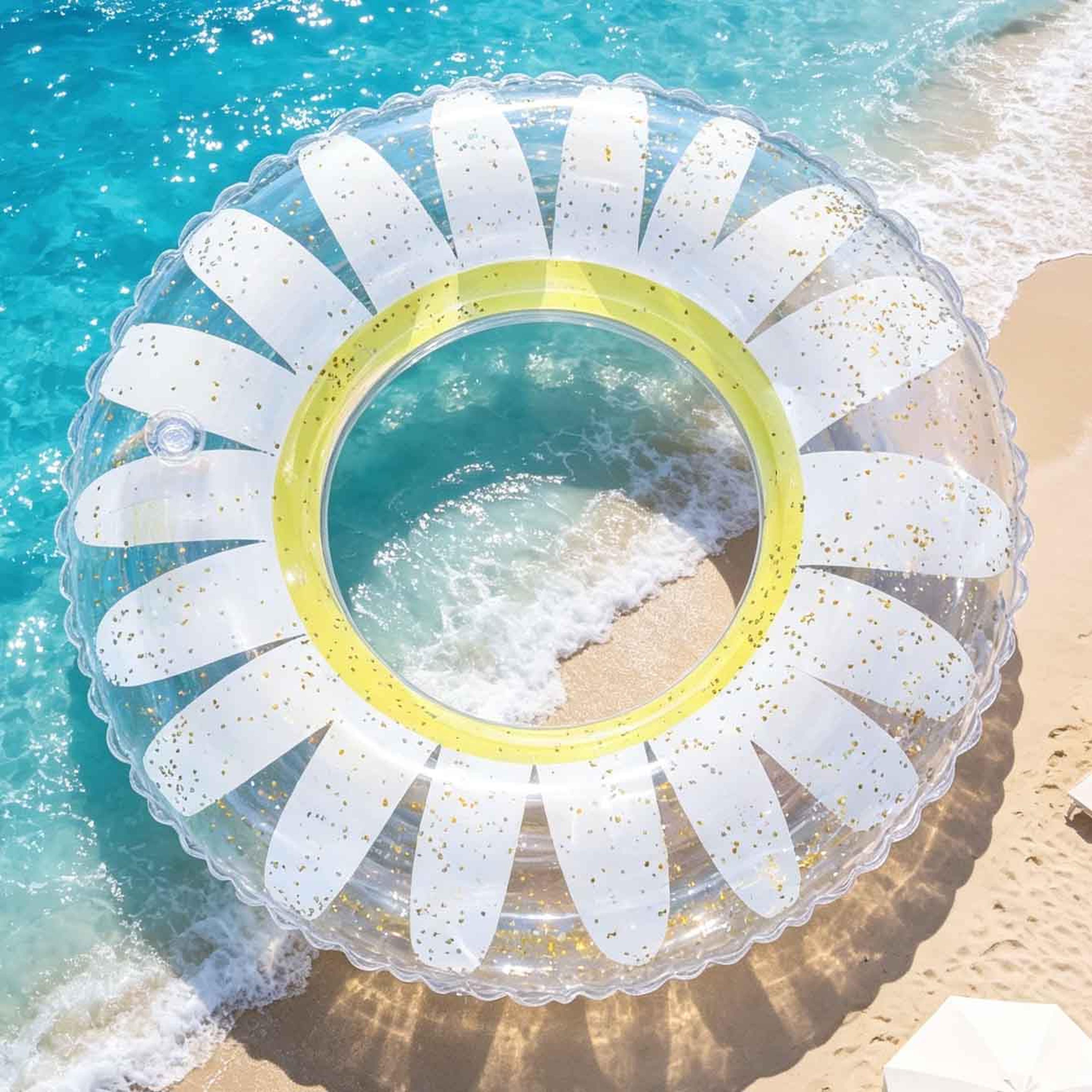 clear daisy glitter inflatable swim ring premium floral pool float for summer beach & pool fun