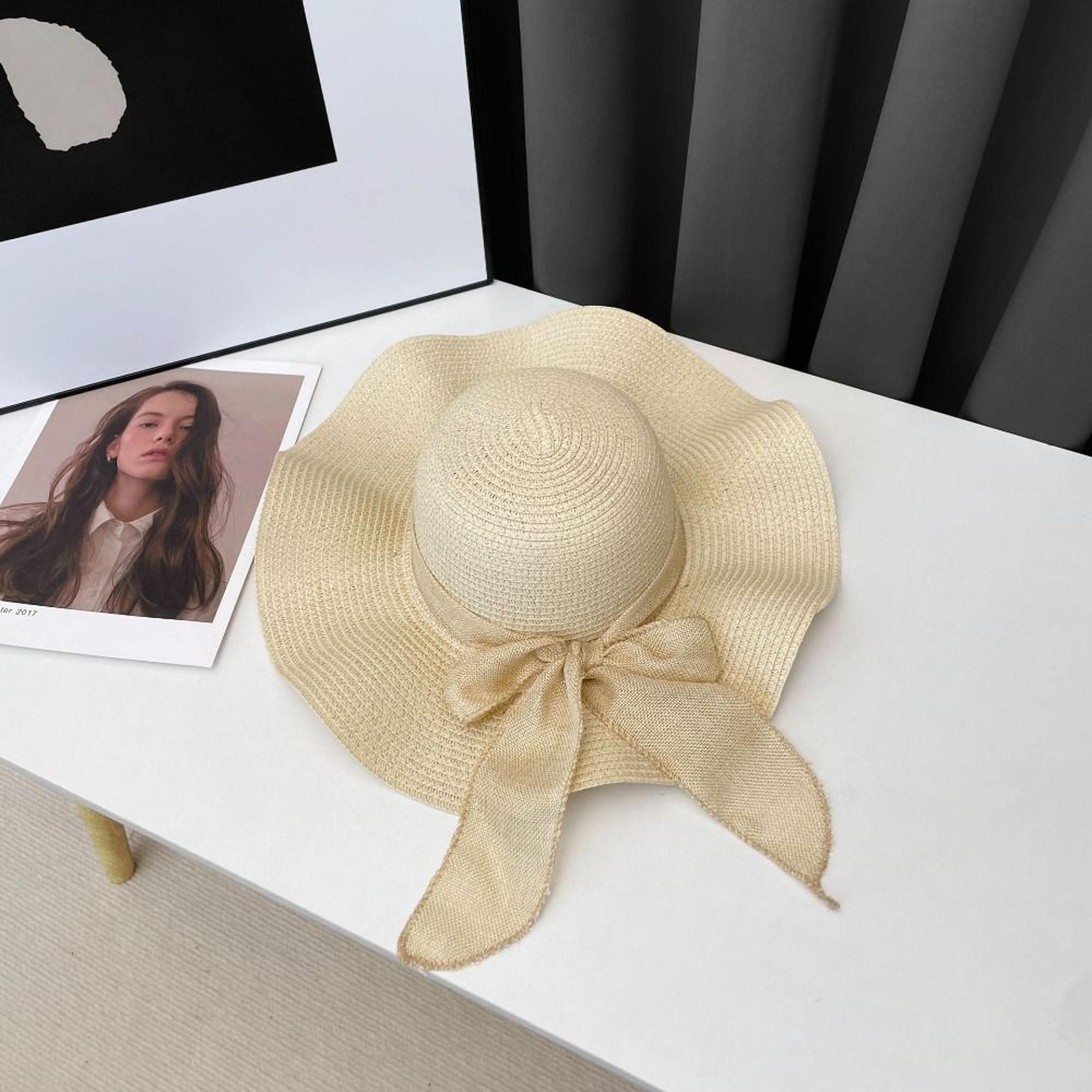 uv shield foldable straw sun visor hat with wide brim & bow ribbon