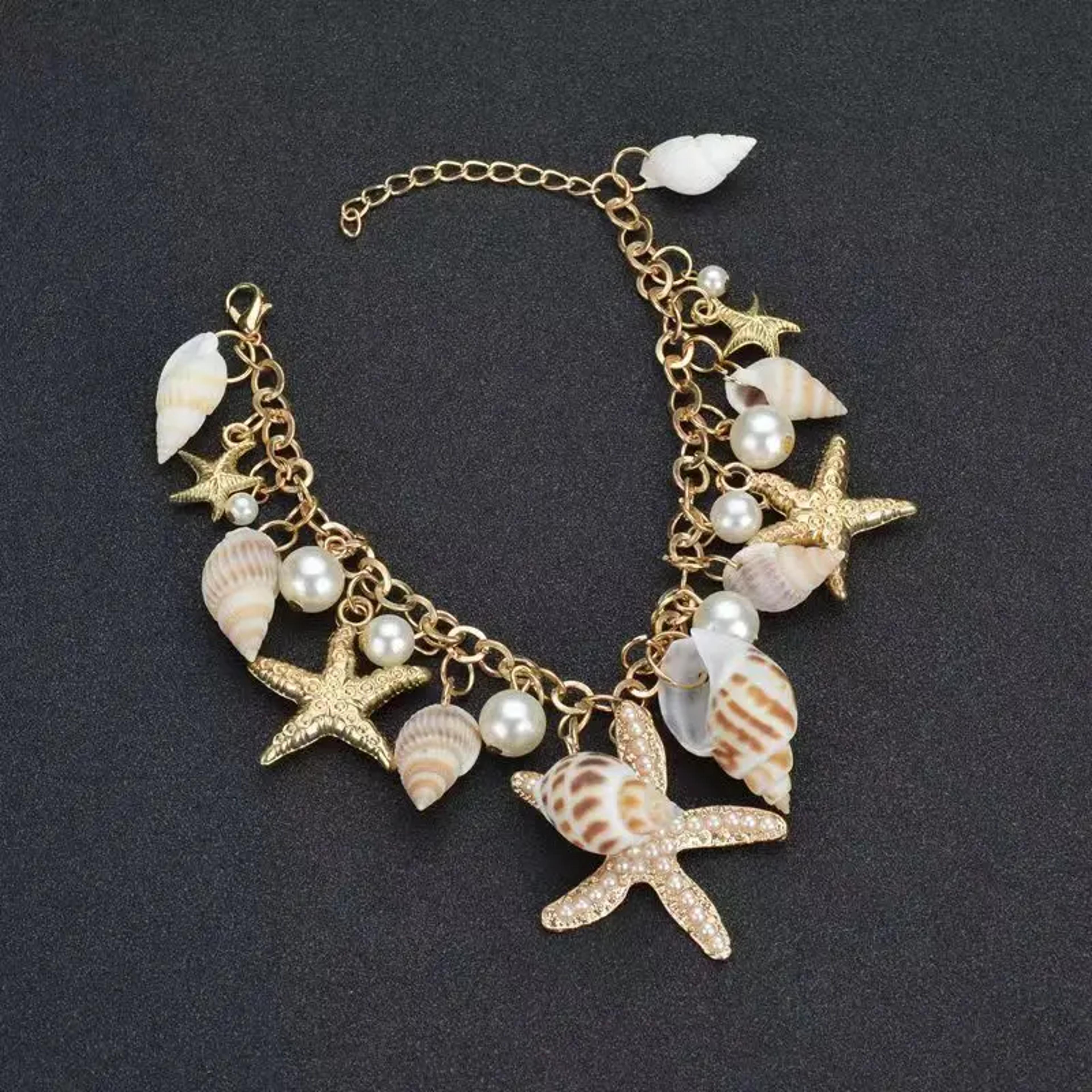 gold starfish & seashell charm faux pearl beach bracelet for women