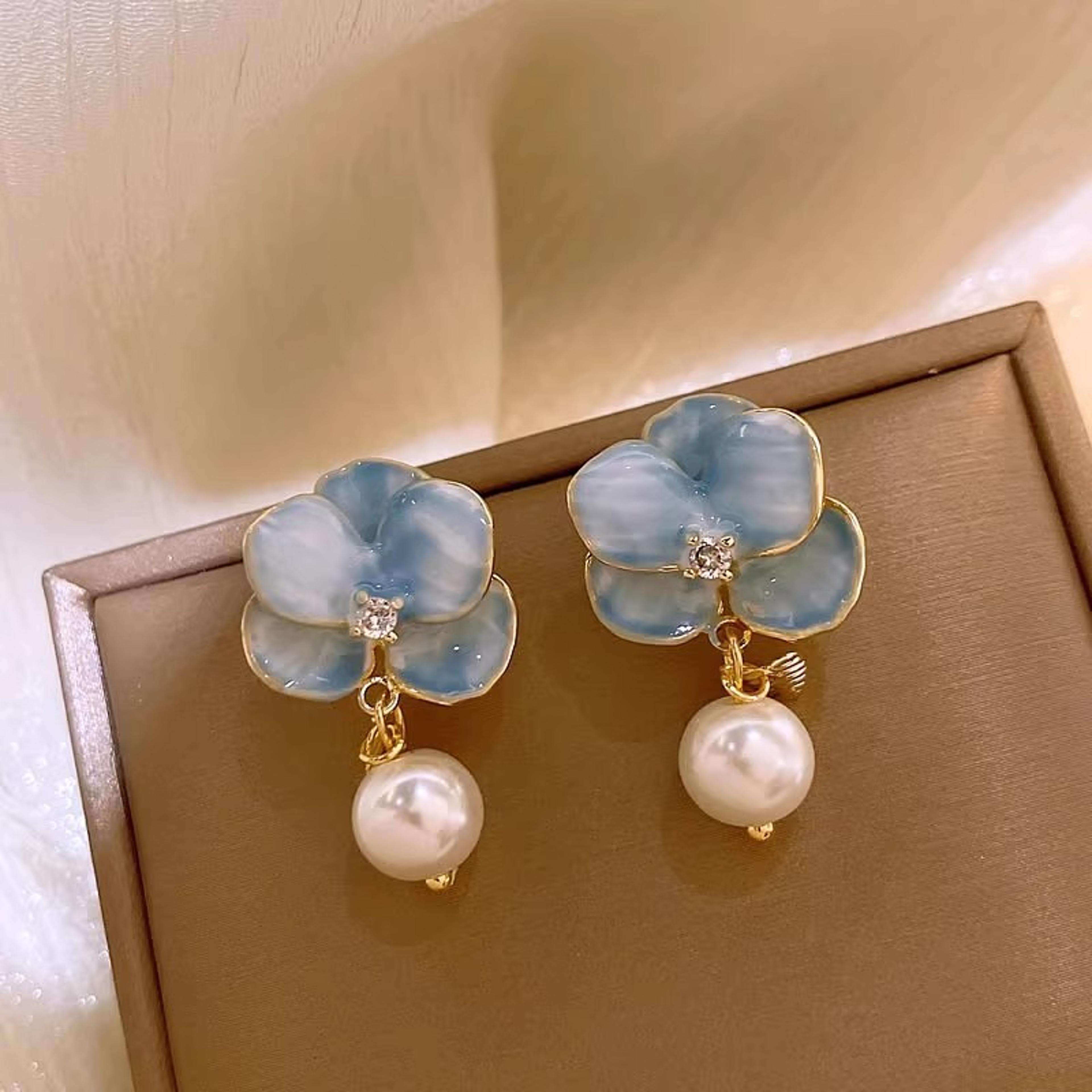 blue drip oil flower pearl petal earrings retro elegant women jewelry