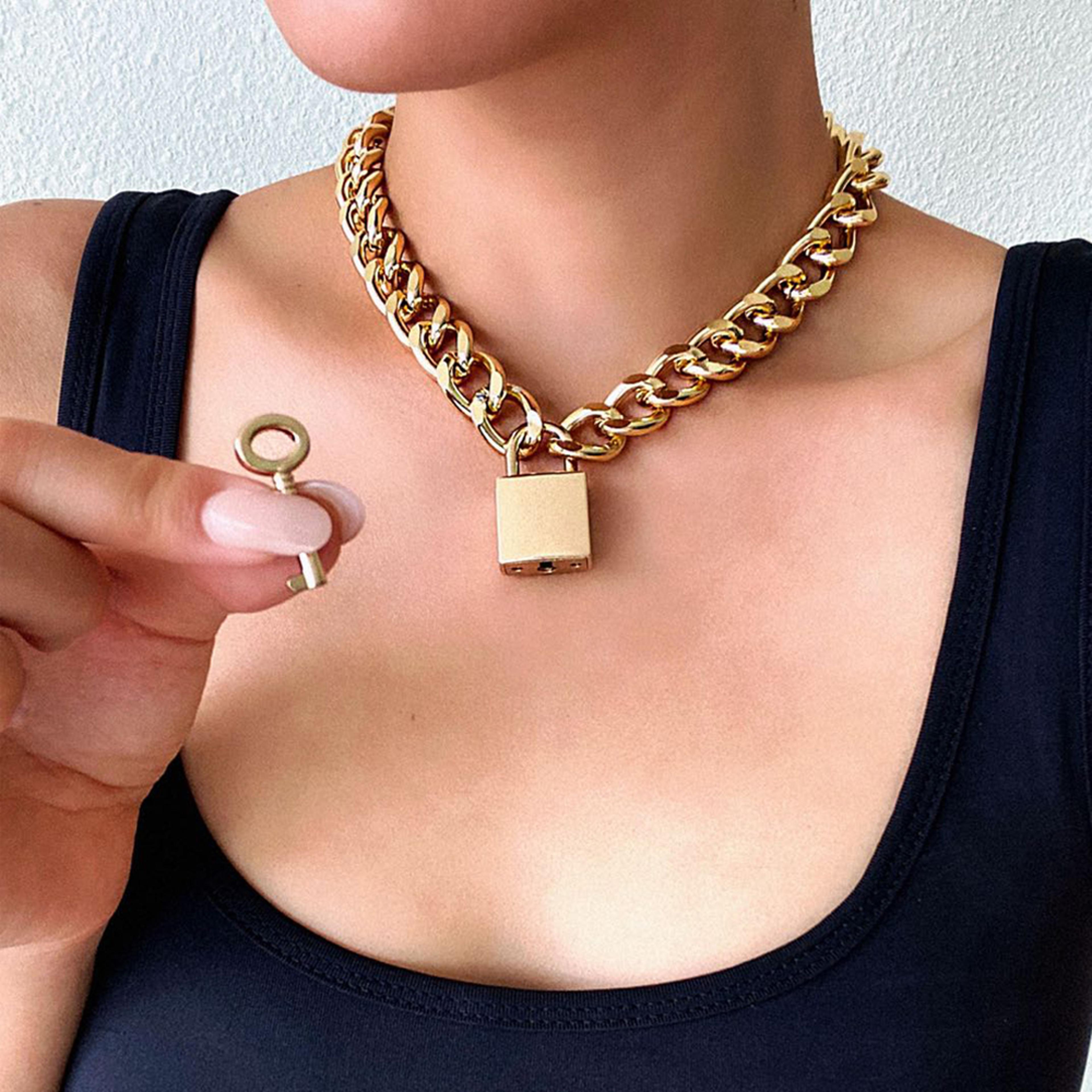 vintage chunky gold chain padlock necklace for women couple pendant fashion jewelry gift