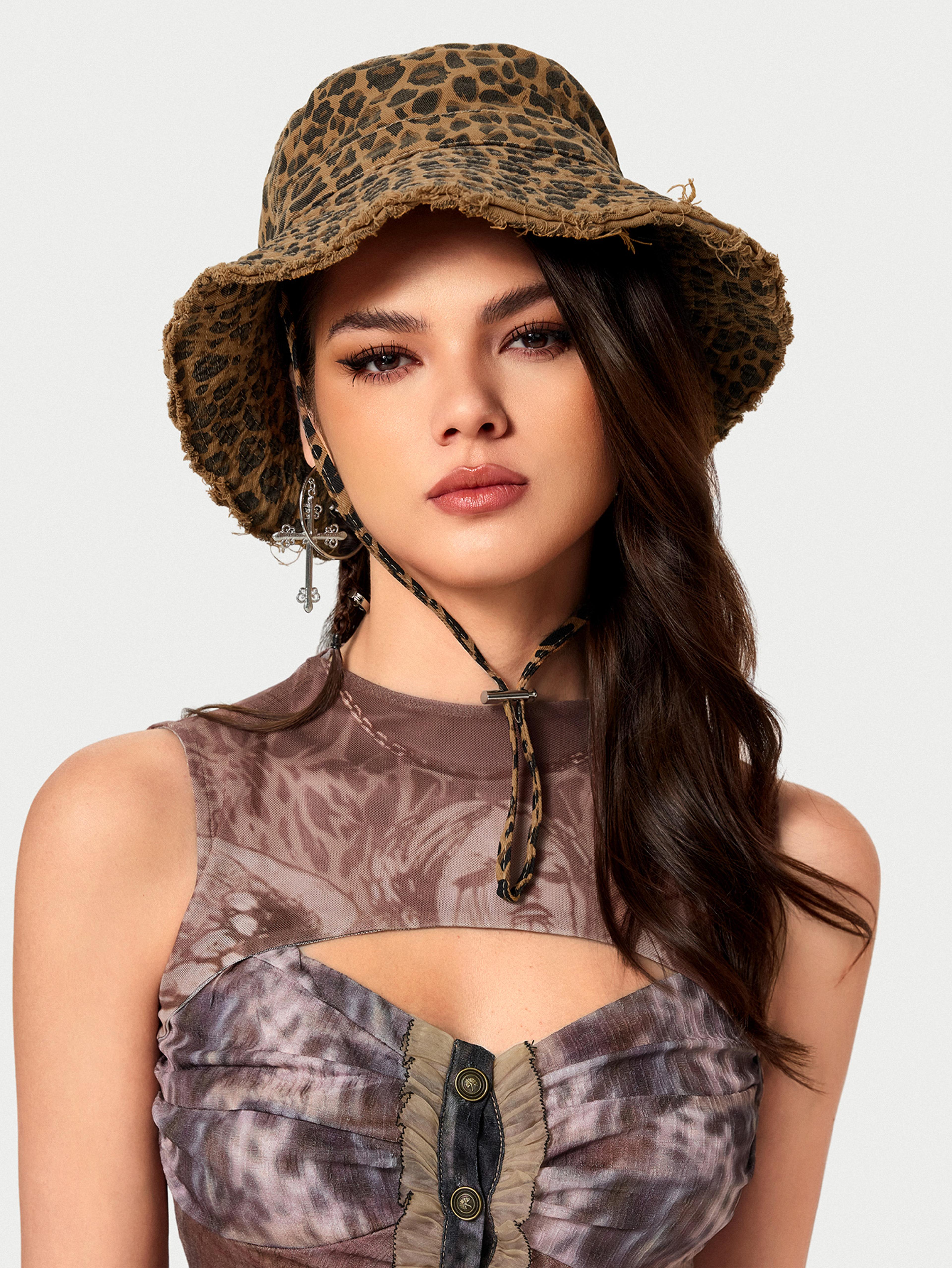 retro washed leopard bucket hat women drawstring sun protection travel festival cap