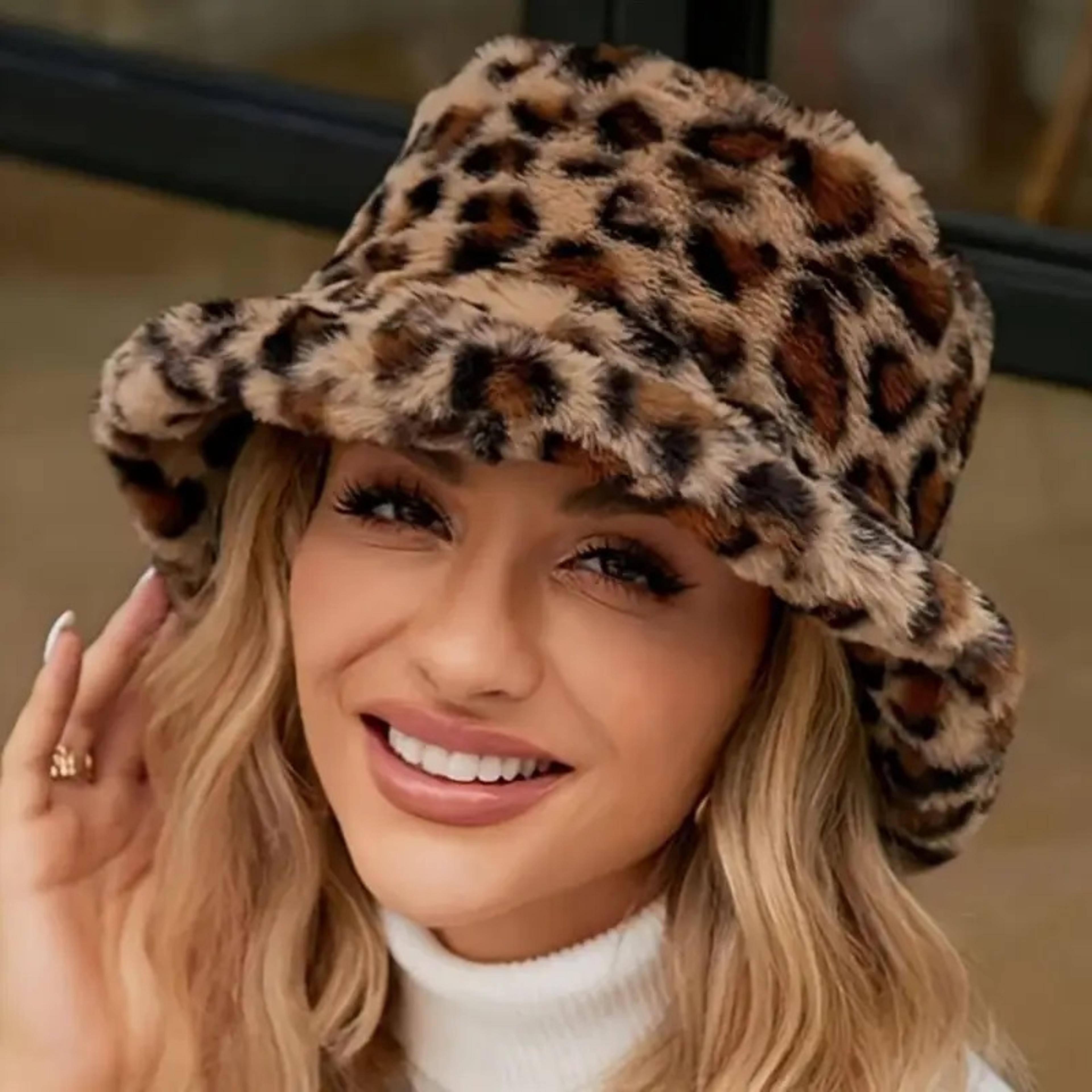leopard print fleece bucket hat soft fisherman cap for winter sun protection