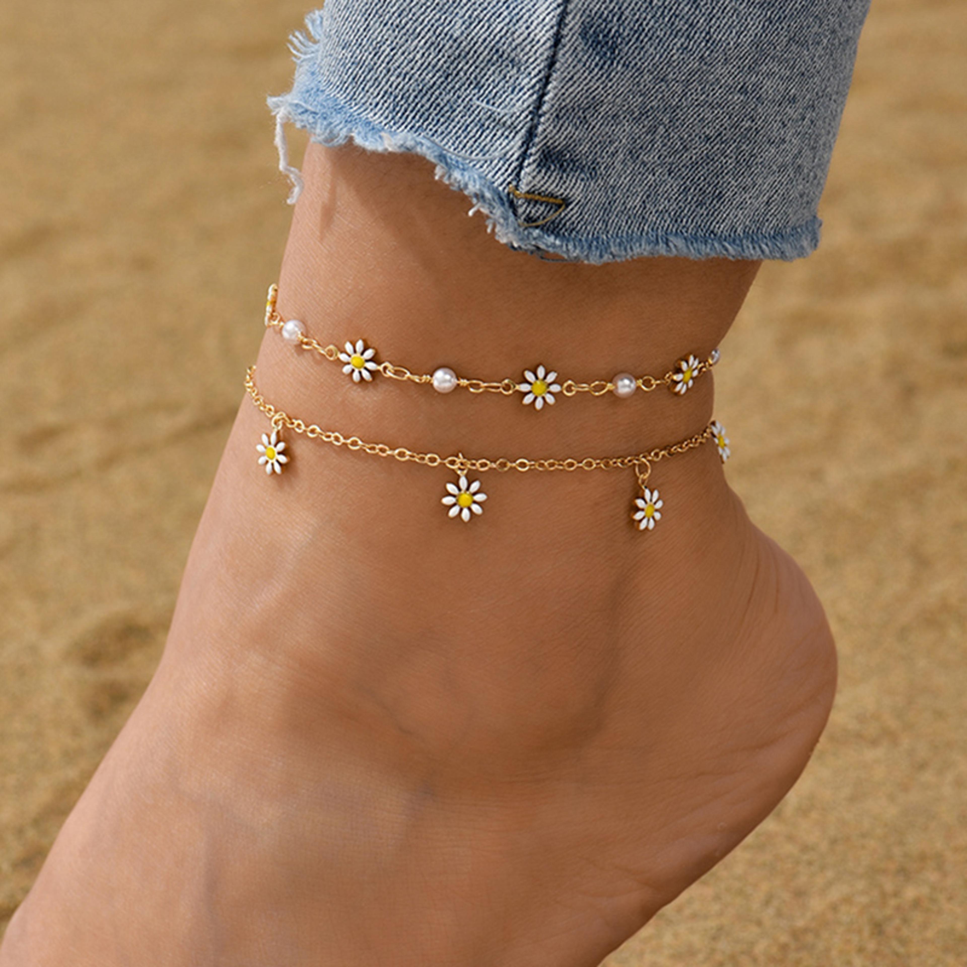daisy flower pearl anklet for women summer beach jewelry handmade chain anklet bracelet