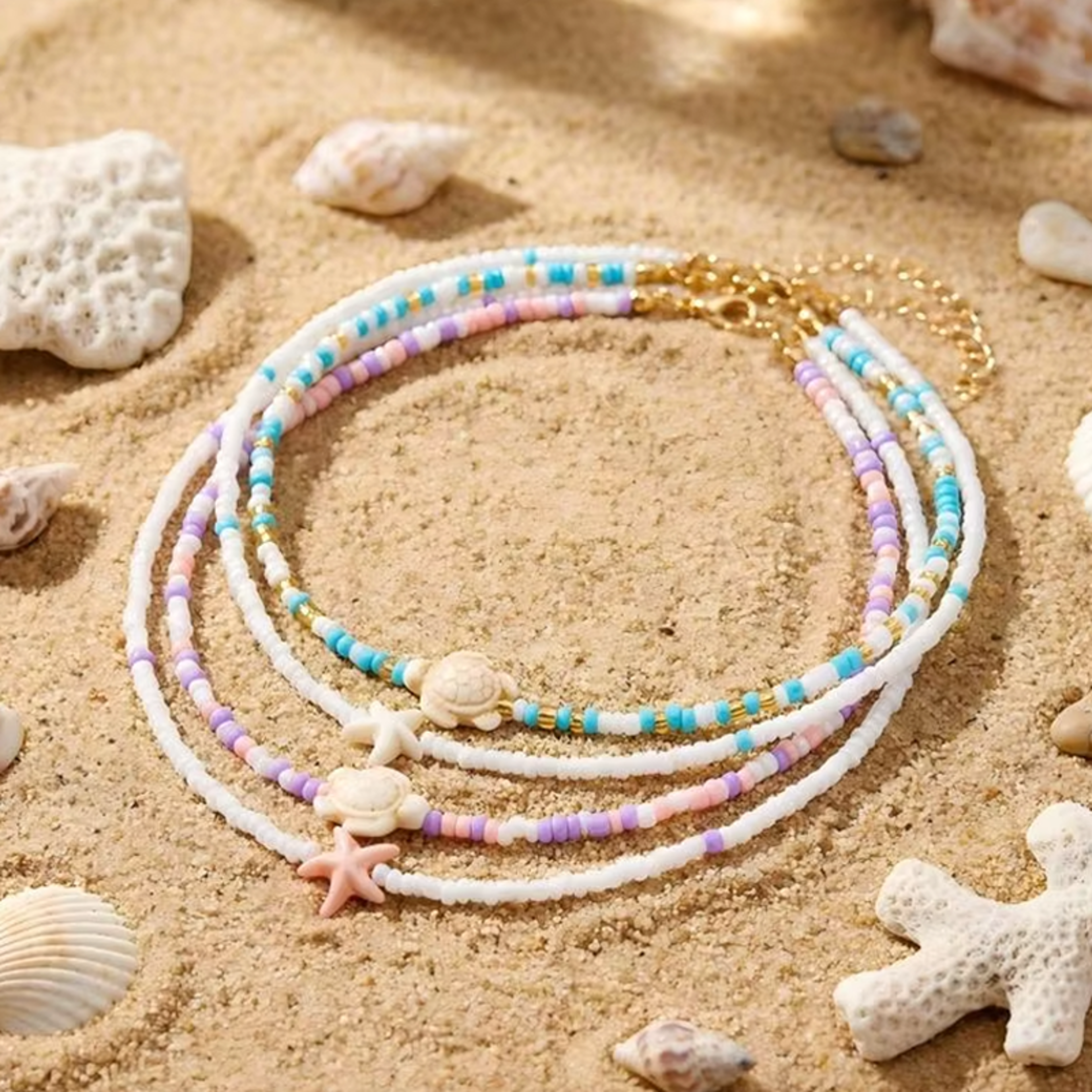 ocean starfish & sea turtle beaded beach necklace layered adjustable ocean jewelry for women