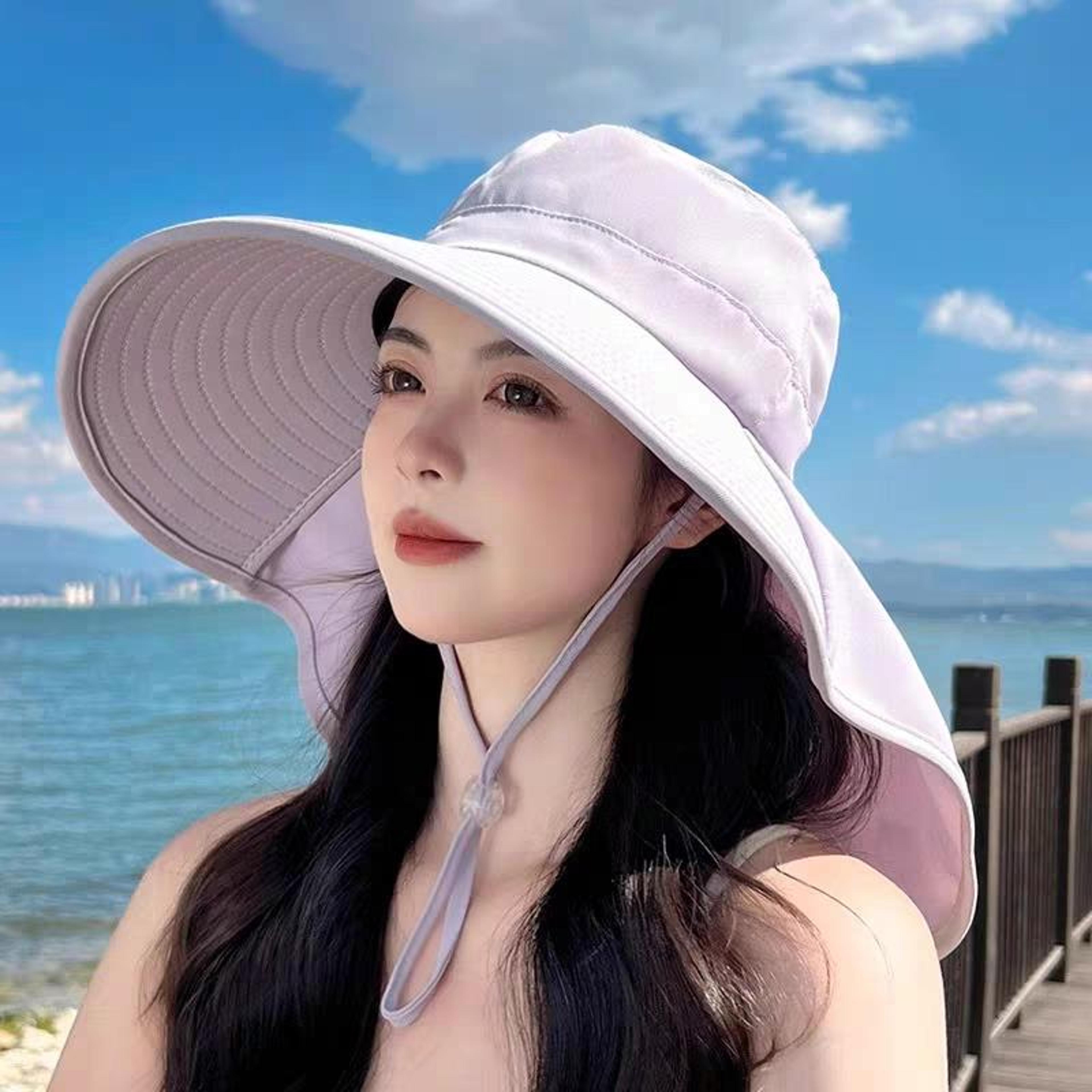 womens wide brim uv protection sun hat with neck shawl & ponytail visor for outdoor summer sun protection