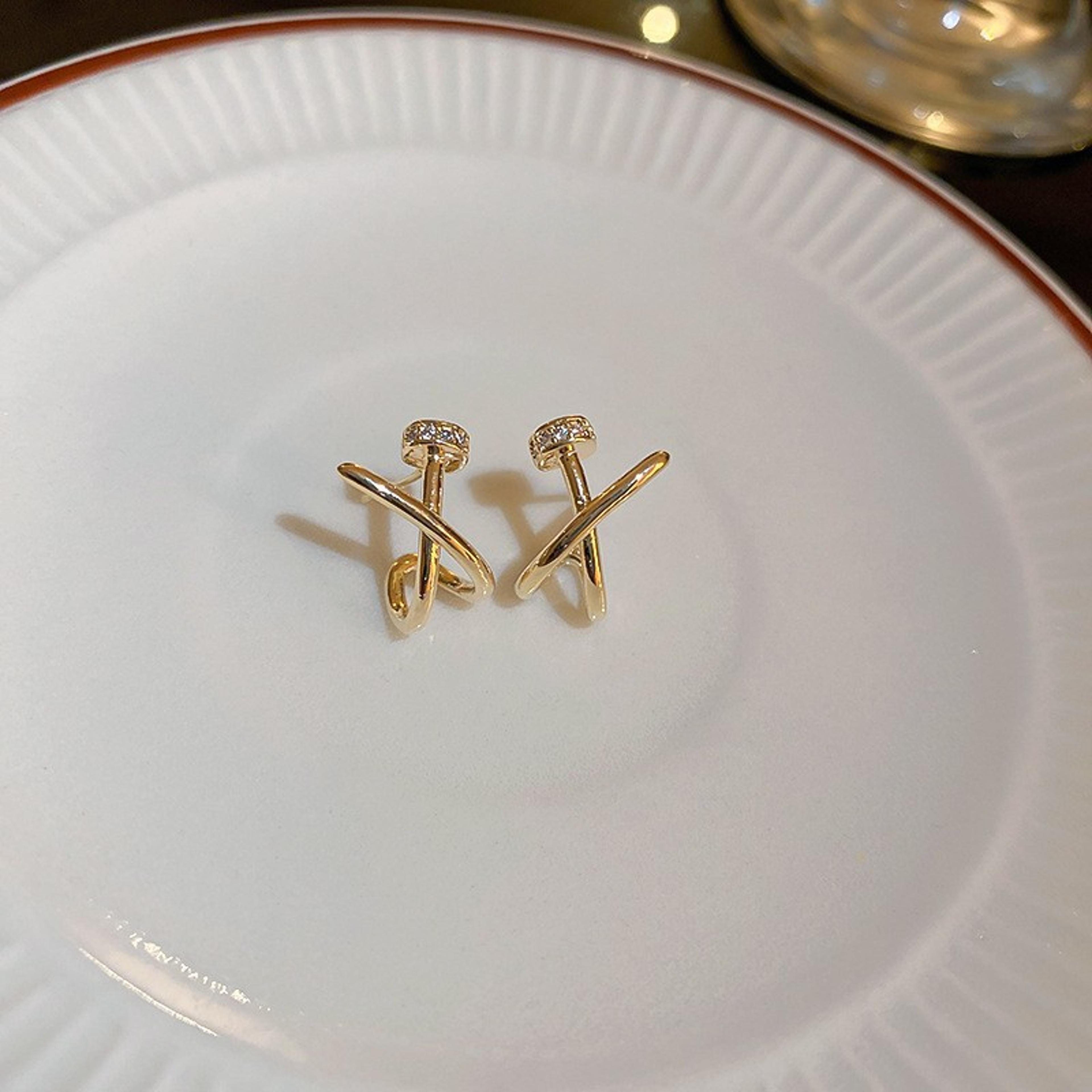 geometric intersection nail stud earrings, dainty minimalist fashion earrings for women & girls