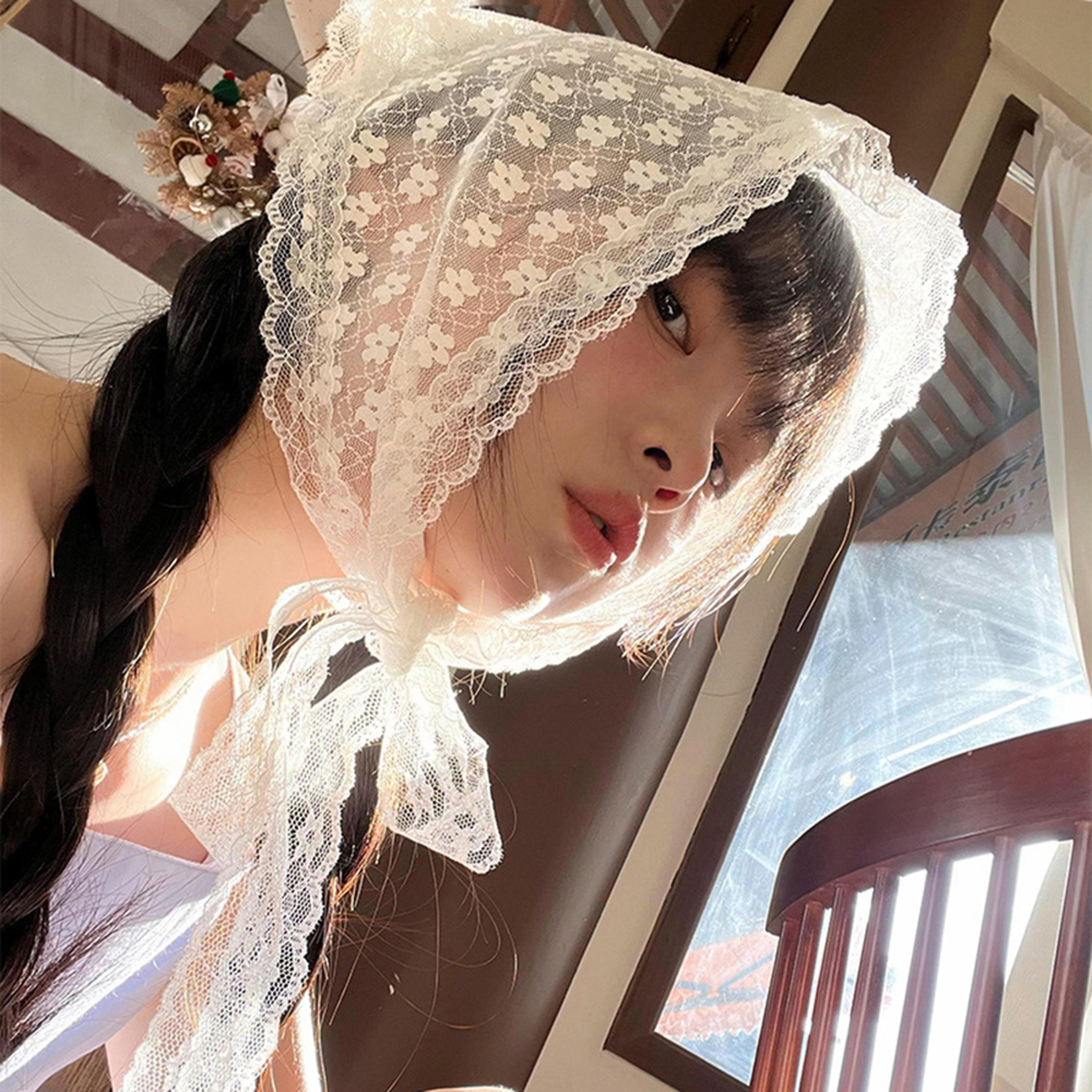 elegant white lace triangle scarf floral breathable fashion headscarf for travel and photography