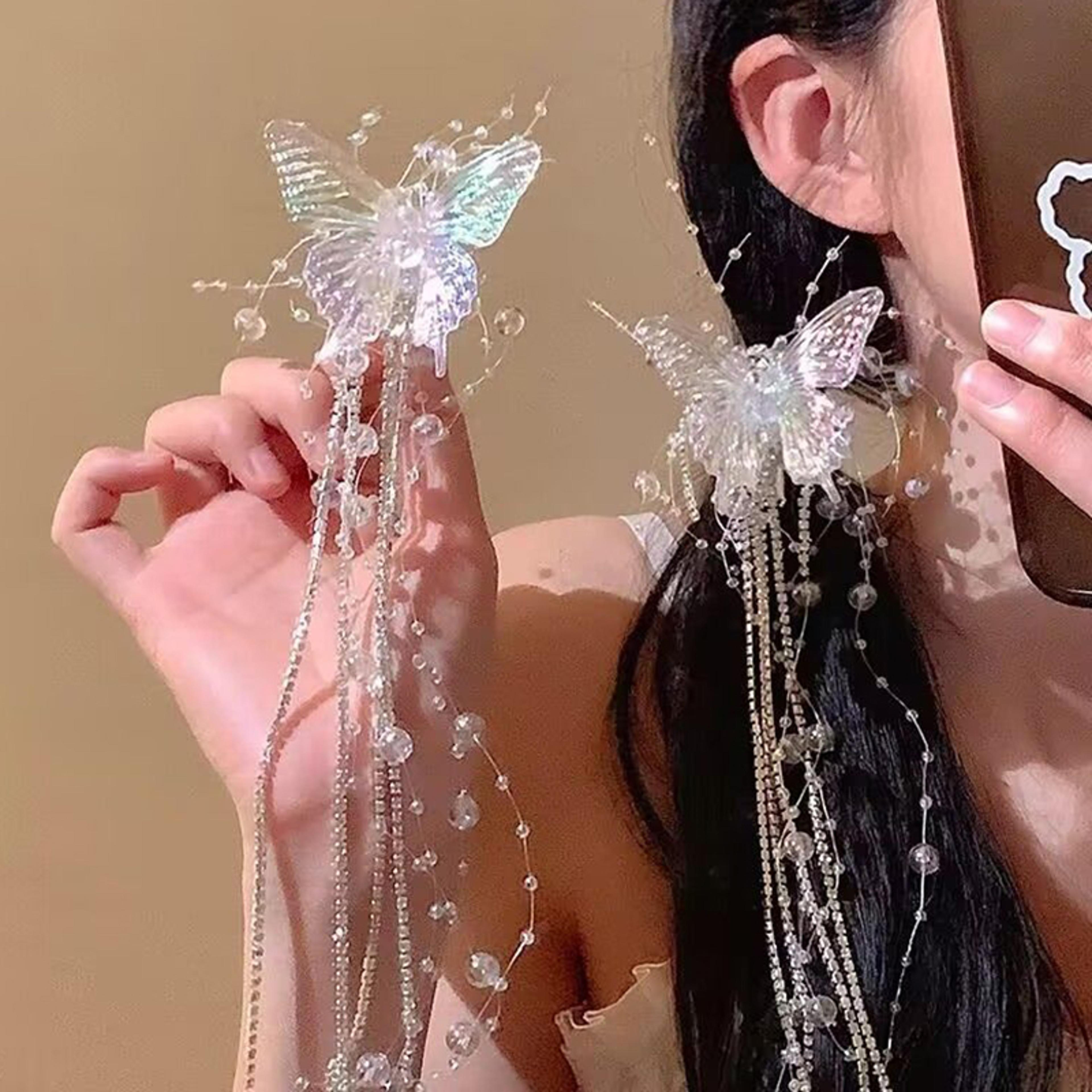 crystal butterfly tassel hair clips for women luxury ponytail side bang accessories