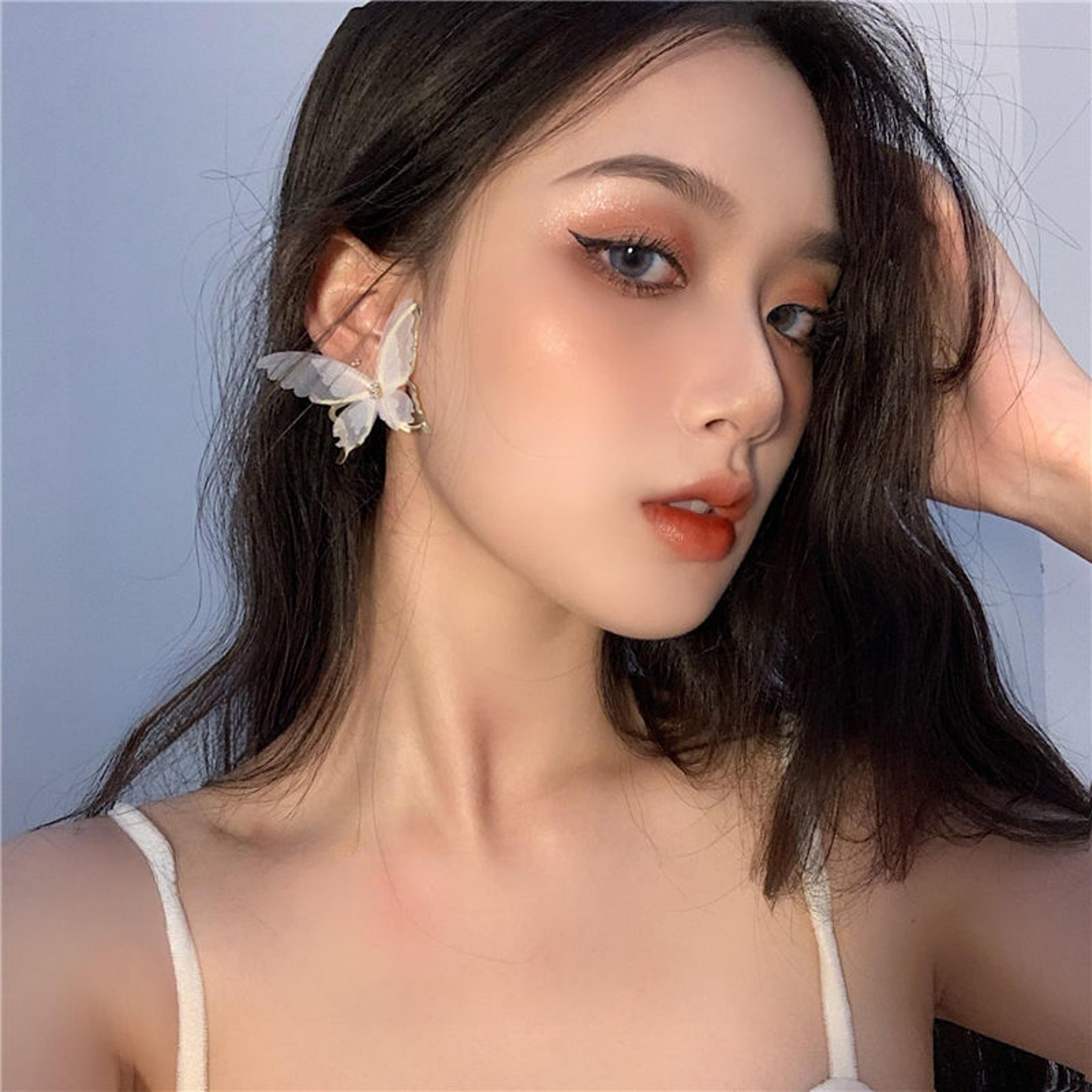 white mesh butterfly wing statement stud earrings for women korean fashion jewelry