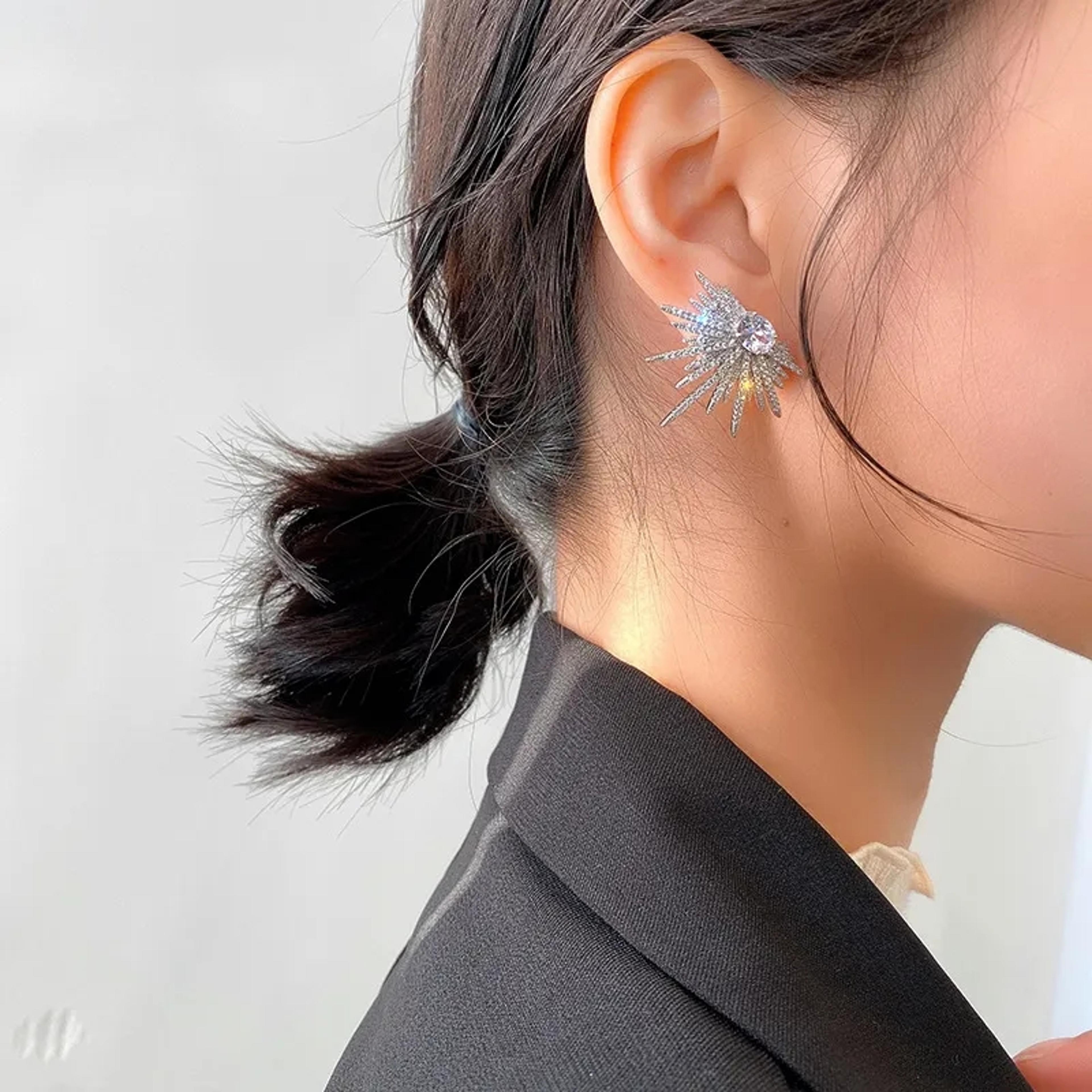silver plant design zircon stud earrings for women luxury korean fashion jewelry