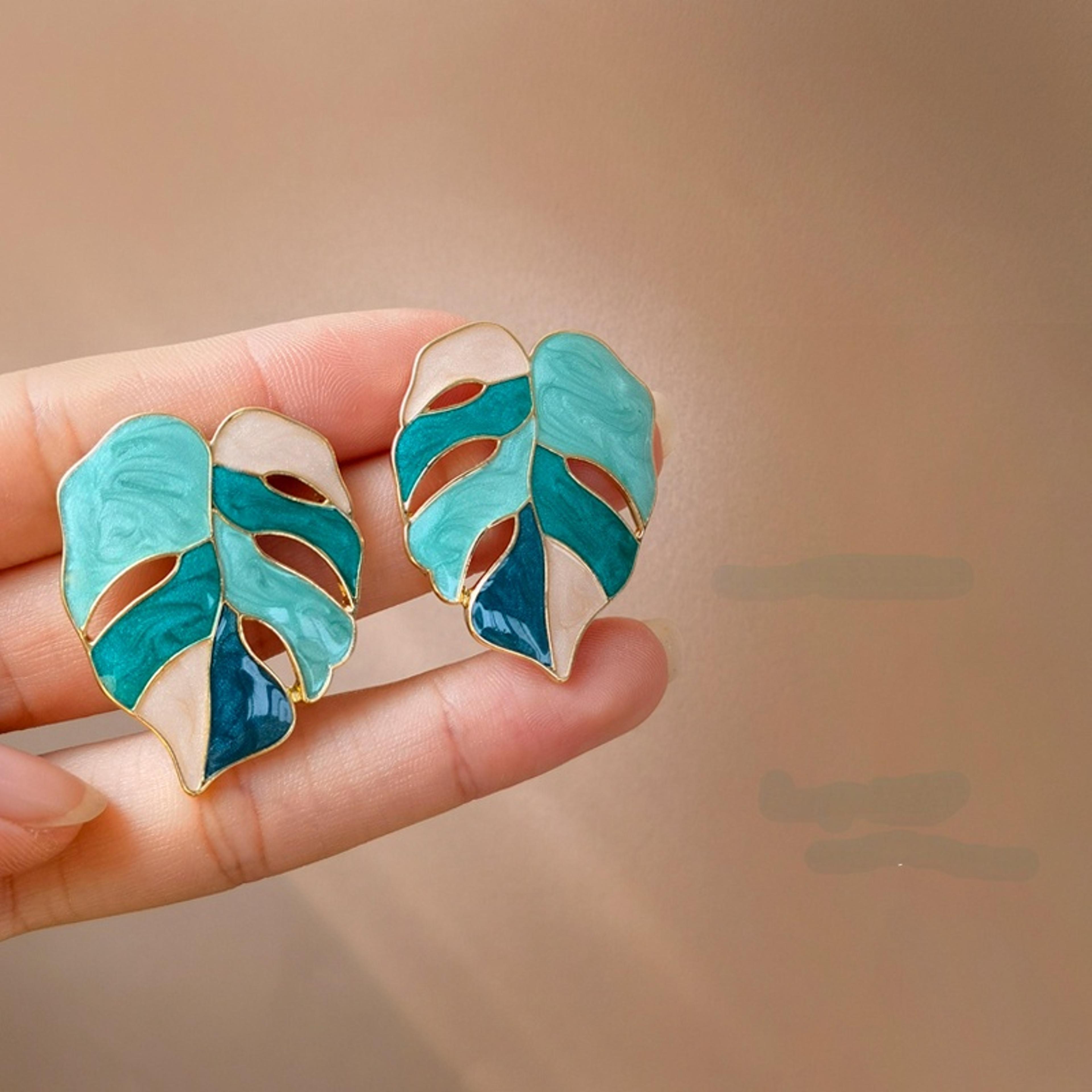 silver leaf geometric earrings for women green white statement jewelry gift