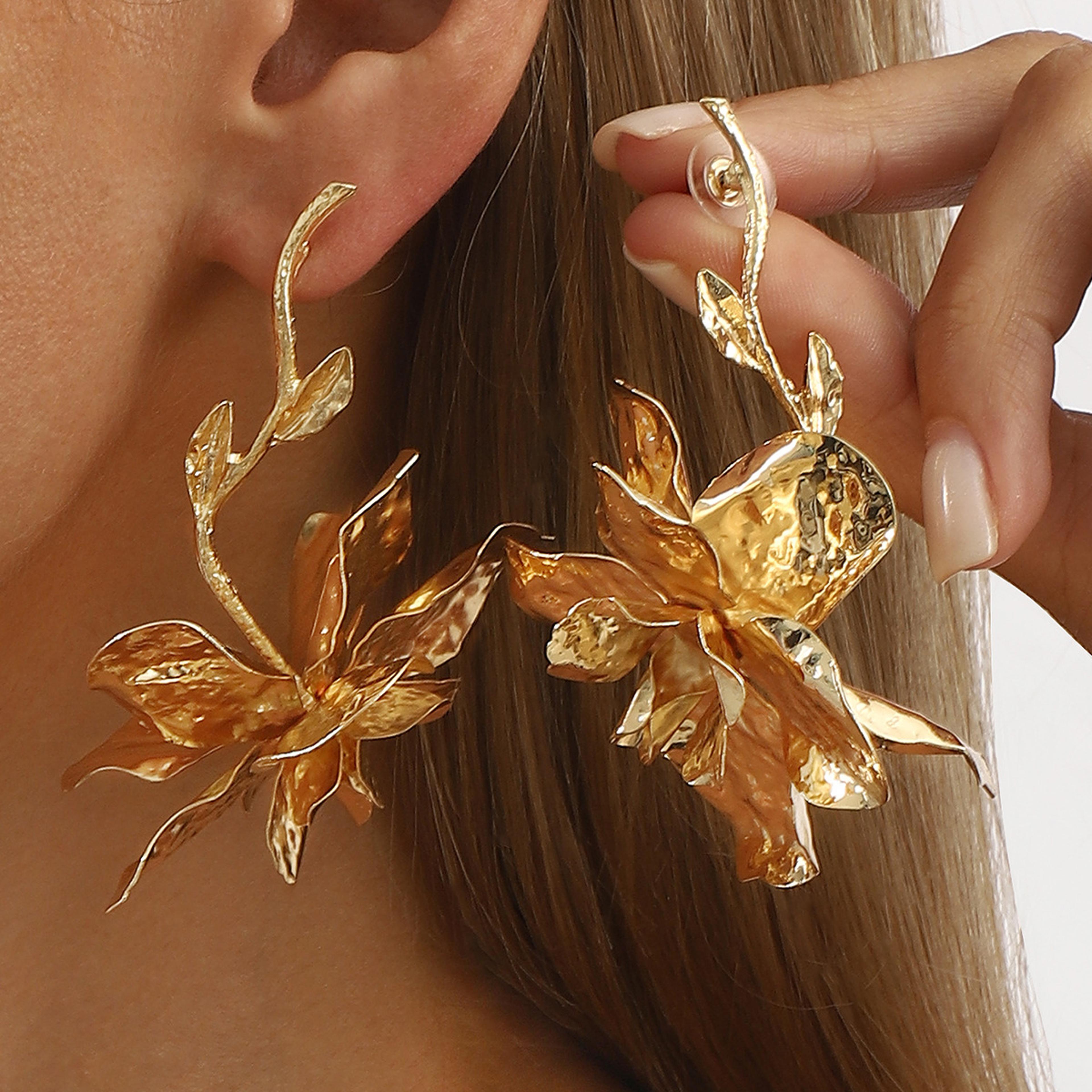 vintage gold flower leaf drop earrings for women layered punk statement jewelry